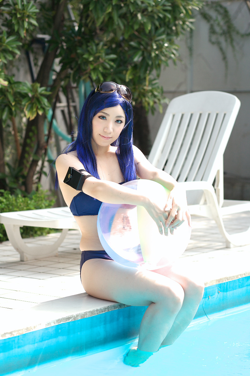 kuga natsuki, miyuki, my-hime, highres, photo (medium), bikini, blue hair, cosplay, sunglasses, swimsuit