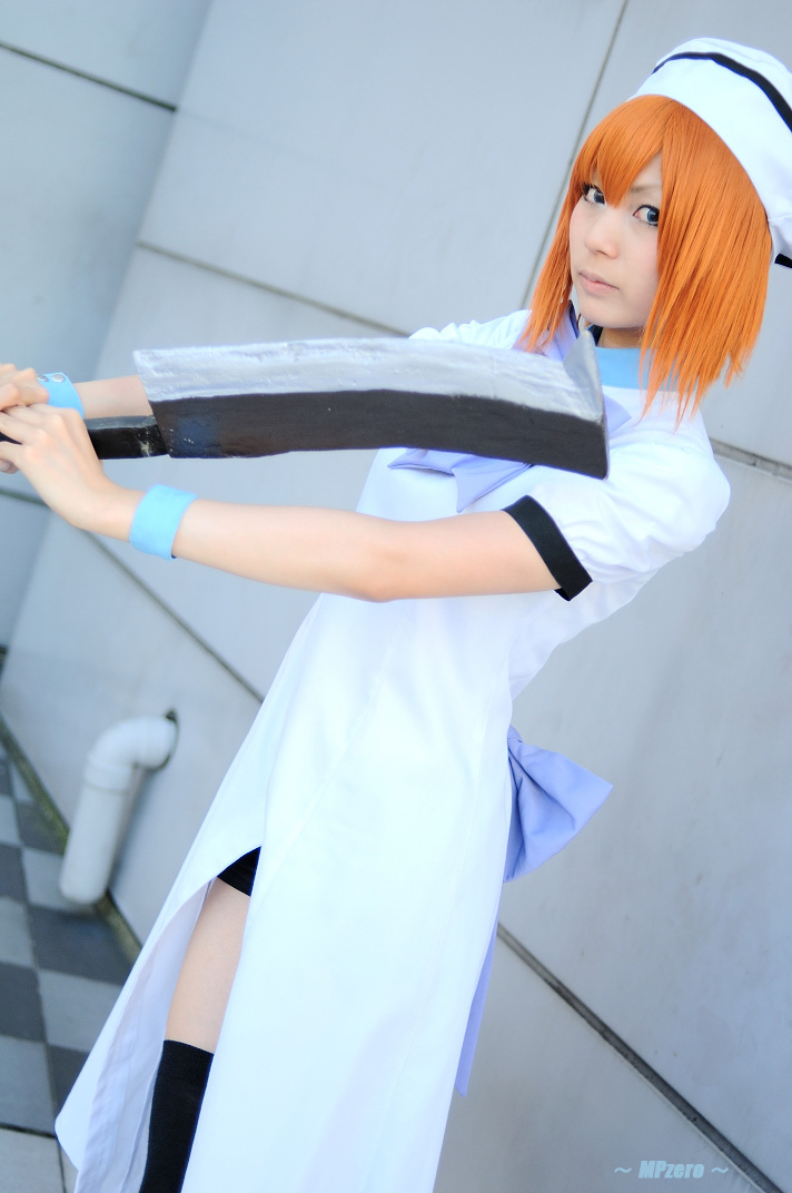 nagicha (model), ryuuguu rena, higurashi no naku koro ni, photo (medium), billhook, cosplay, hat, sailor hat, thighhighs