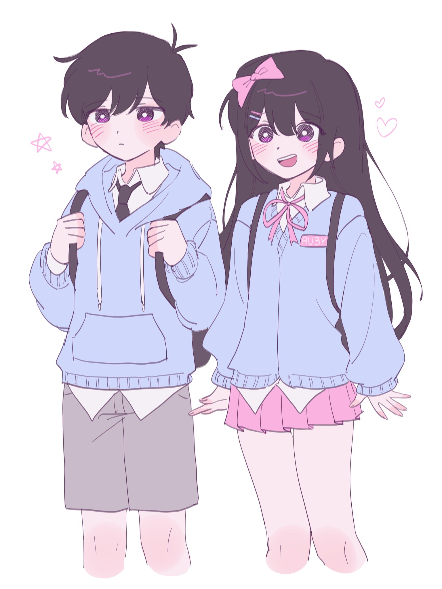 iomor snuuy, aubrey (faraway) (omori), aubrey (omori), sunny (omori), omori, highres, 1boy, 1girl, aged down, alternate costume, antenna hair, backpack, bag, black eyes, black hair, black necktie, blue hoodie, blush, bow, bright pupils, closed mouth, collared shirt, expressionless, grey shorts, hair bow, hair ornament, hairclip, heart, hood, hoodie, long hair, necktie, open mouth, parallel hairclips, pink bow, pink skirt, pleated skirt, shirt, short hair, shorts, simple background, skirt, smile, star (symbol), teeth, upper teeth only, white background, white pupils, white shirt