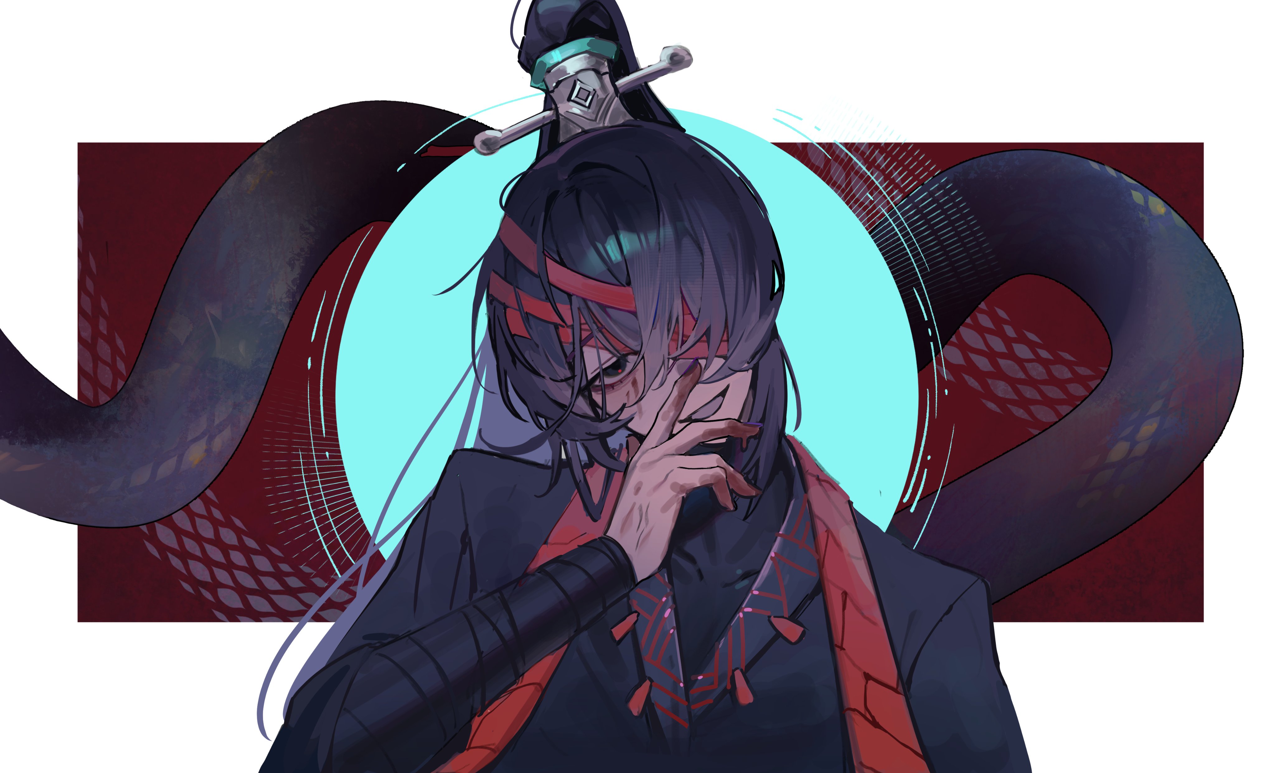 may.l, hong lu (project moon), limbus company, project moon, absurdres, highres, 1boy, black coat, black eyes, black hair, blood, blood on face, coat, family hierarch candidate (identity) (project moon), head tilt, high ponytail, long hair, looking at viewer, open mouth, ponytail, red bandage, smile, solo, very long hair, wrist wrap