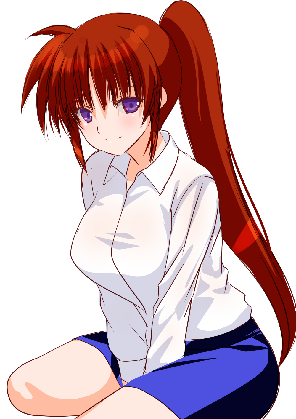 engo (aquawatery), takamachi nanoha, lyrical nanoha, mahou shoujo lyrical nanoha strikers, commentary request, highres, 1girl, blue skirt, breasts, brown hair, closed mouth, large breasts, long hair, looking at viewer, purple eyes, shirt, skirt, smile, solo, very long hair, white shirt