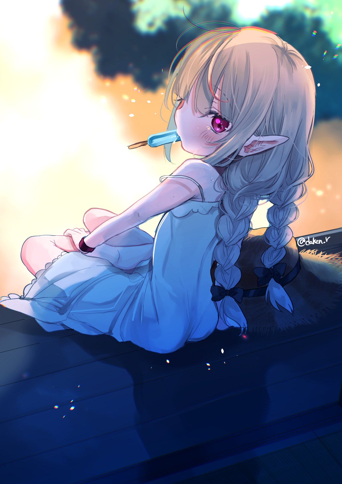amana raika, makaino ririmu, makaino ririmu (3rd costume), nijisanji, highres, 1girl, backlighting, bare shoulders, black bow, black ribbon, blunt bangs, blush, bow, bracelet, braid, dress, eating, food, from behind, grey hair, hair ribbon, hat, hat bow, jewelry, lace trim, long hair, looking at viewer, looking back, low twin braids, mouth hold, multicolored hair, on floor, pointy ears, popsicle, red eyes, red hair, ribbon, shade, sidelocks, sitting, sleeveless, sleeveless dress, solo, strap slip, straw hat, streaked hair, sundress, sweat, tatami, twin braids, twitter username, unworn hat, unworn headwear, veranda, virtual youtuber, white dress, wooden floor