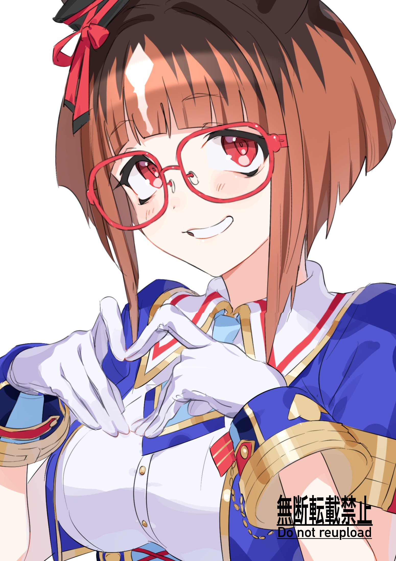 ningen3333, transcend (umamusume), umamusume, highres, 1girl, animal ears, blue jacket, blue necktie, blush, breasts, brown hair, collared shirt, cropped jacket, ear ornament, glasses, glorious azure costume (umamusume), gloves, hands up, heart, heart hands, horse ears, jacket, looking at viewer, medium breasts, necktie, open mouth, red eyes, ringed eyes, shirt, short hair, short sleeves, simple background, smile, solo, thighhighs, upper body, watermark, white background, white gloves, white shirt