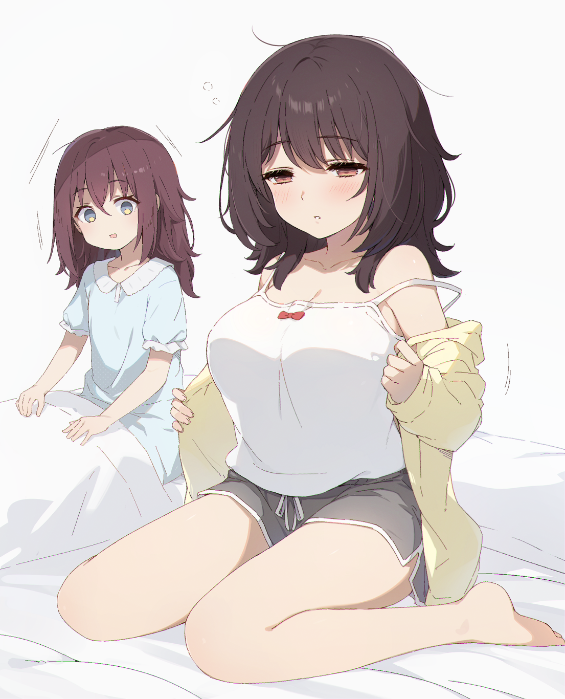 cohiyuri, furutachi kurea, kawai mako, hibi wa sugiredo meshi umashi, commentary request, highres, 2girls, aqua nightgown, barefoot, black hair, bow camisole, breast envy, breasts, brown eyes, camisole, cardigan, cleavage, collarbone, dolphin shorts, grey eyes, grey shorts, half-closed eyes, large breasts, light blush, long hair, looking at another, messy hair, multiple girls, nightgown, on bed, parted lips, short shorts, shorts, sitting, strap slip, undressing, wariza, white camisole, yellow cardigan