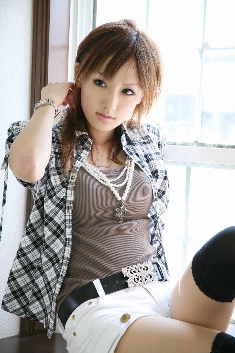 highres, photo (medium), 1girl, breasts, color contacts, cross, cross necklace, female focus, indoors, jewelry, necklace, open clothes, open shirt, pearl necklace, saya (saya no u, shirt, shorts, small breasts, solo, tank top, thighhighs