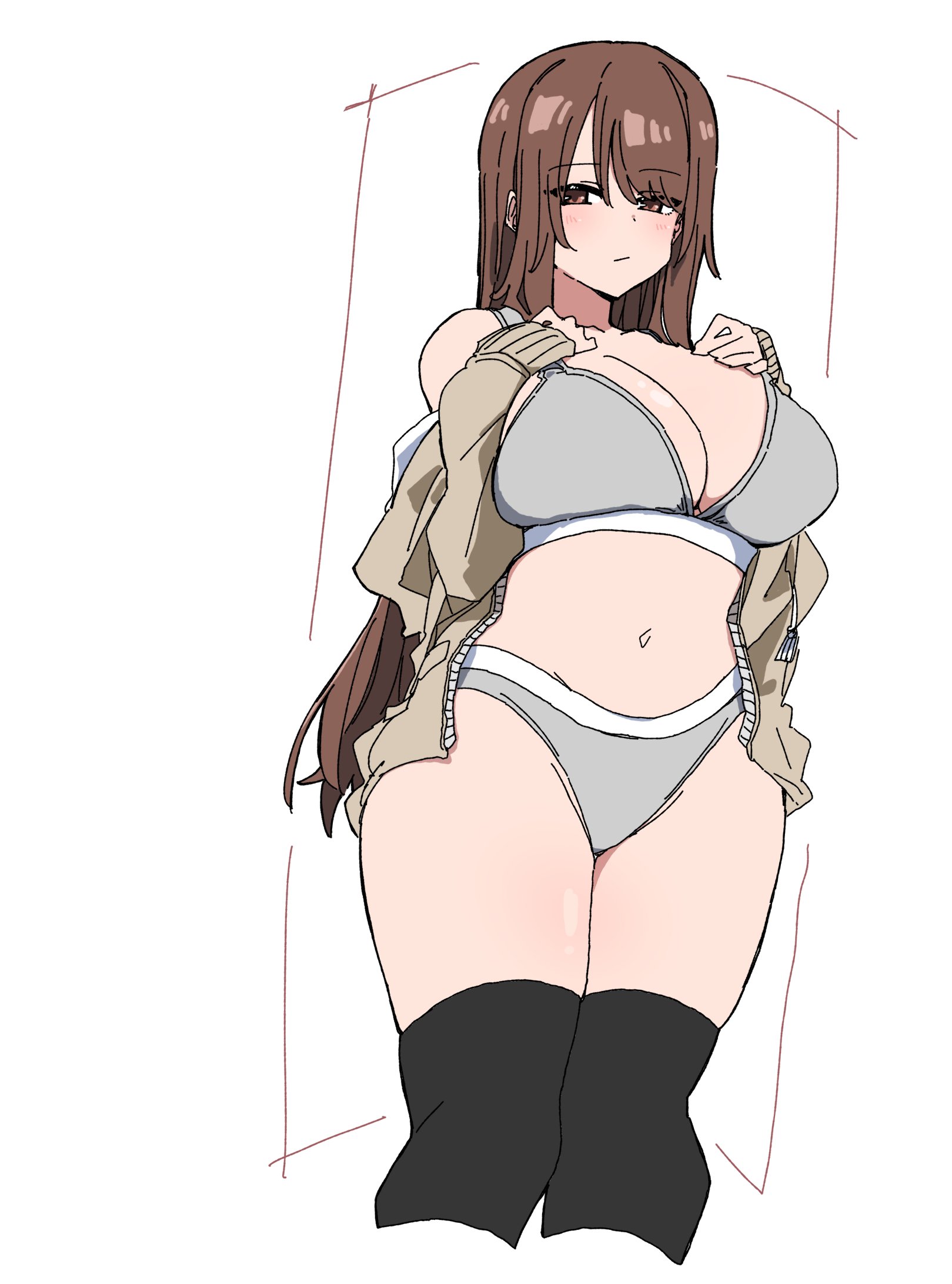 durindana 7, original, highres, tagme, black thighhighs, bra, breast suppress, breasts, brown eyes, brown hair, from below, grey bra, grey panties, large breasts, long hair, panties, simple background, thighhighs, underwear