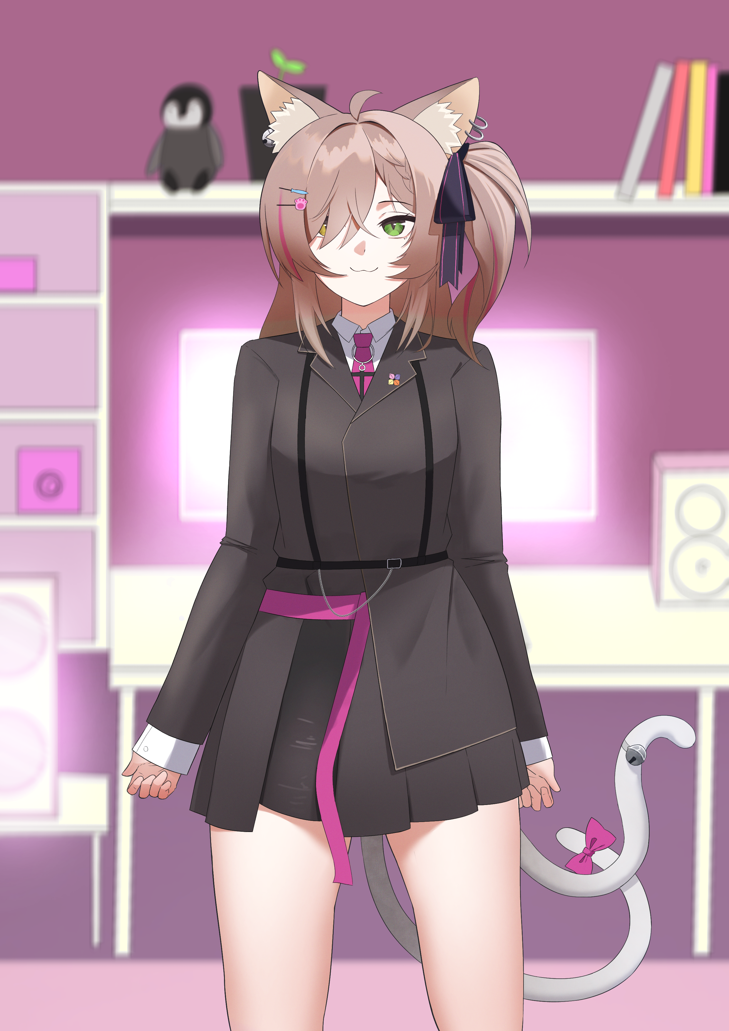 soyokuru, suzune nia, requiem, commission, commissioner upload, highres, 1girl, ahoge, animal ear fluff, animal ears, bell, bird, blurry, blurry background, book, bow, cat ears, closed mouth, cupboard, green eyes, hair between eyes, hair bow, hair ribbon, heterochromia, indoors, knee up, knees up, military uniform, monitor, necktie, nose, penguin, plant, potted plant, ribbon, shirt, side ponytail, skirt, smile, smug, solo, speaker, standing, stuffed toy, table, twintails, virtual youtuber, yellow eyes