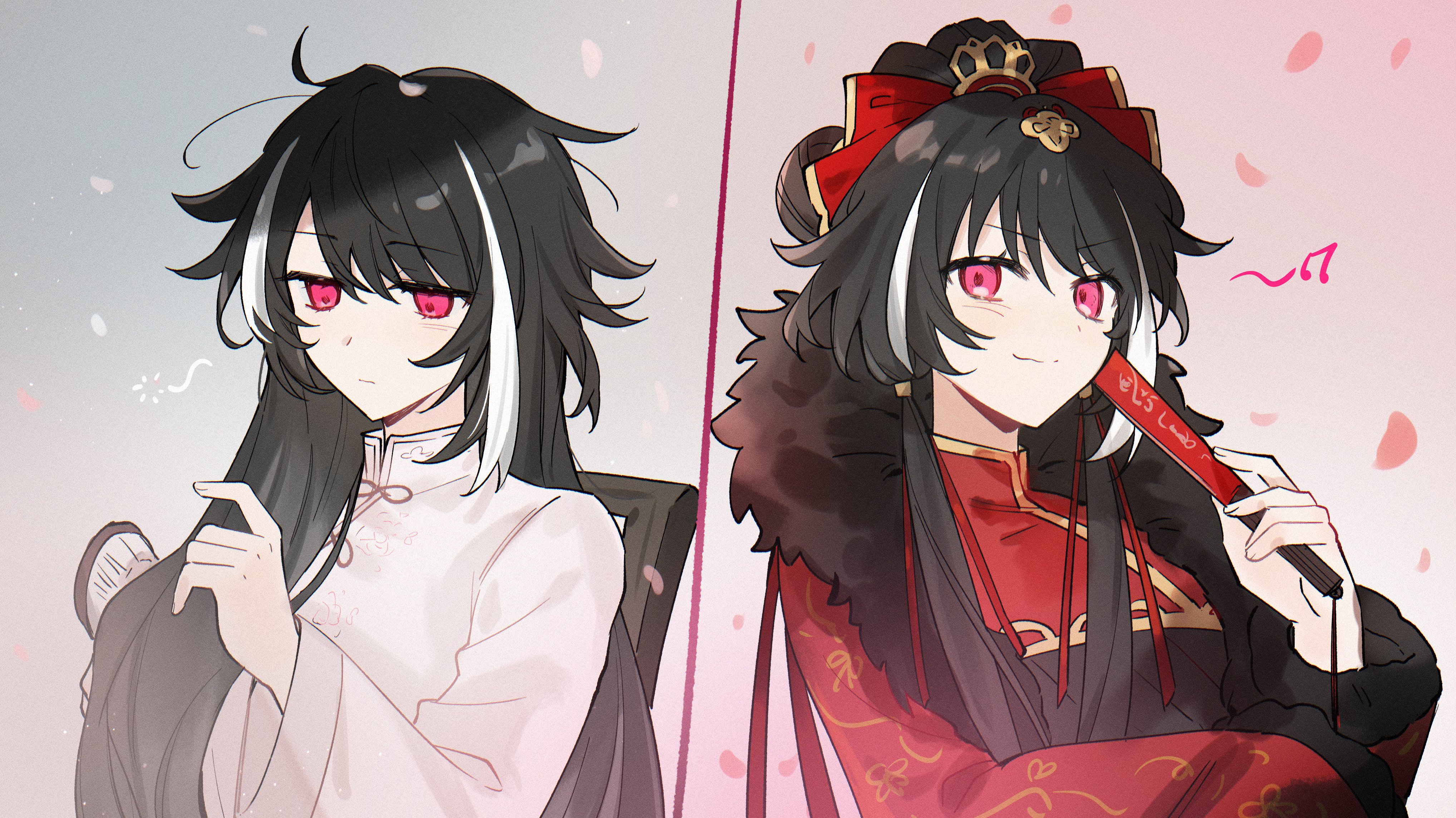 kan (kuronoshiori), jia xichun (project moon), limbus company, project moon, absurdres, highres, 1girl, black dress, black hair, chinese clothes, double bun, dress, fur trim, hair bun, hair down, hand fan, long hair, long sleeves, looking at viewer, multicolored hair, multiple views, pink background, pink eyes, red shrug, shirt, simple background, solo, streaked hair, upper body, white shirt