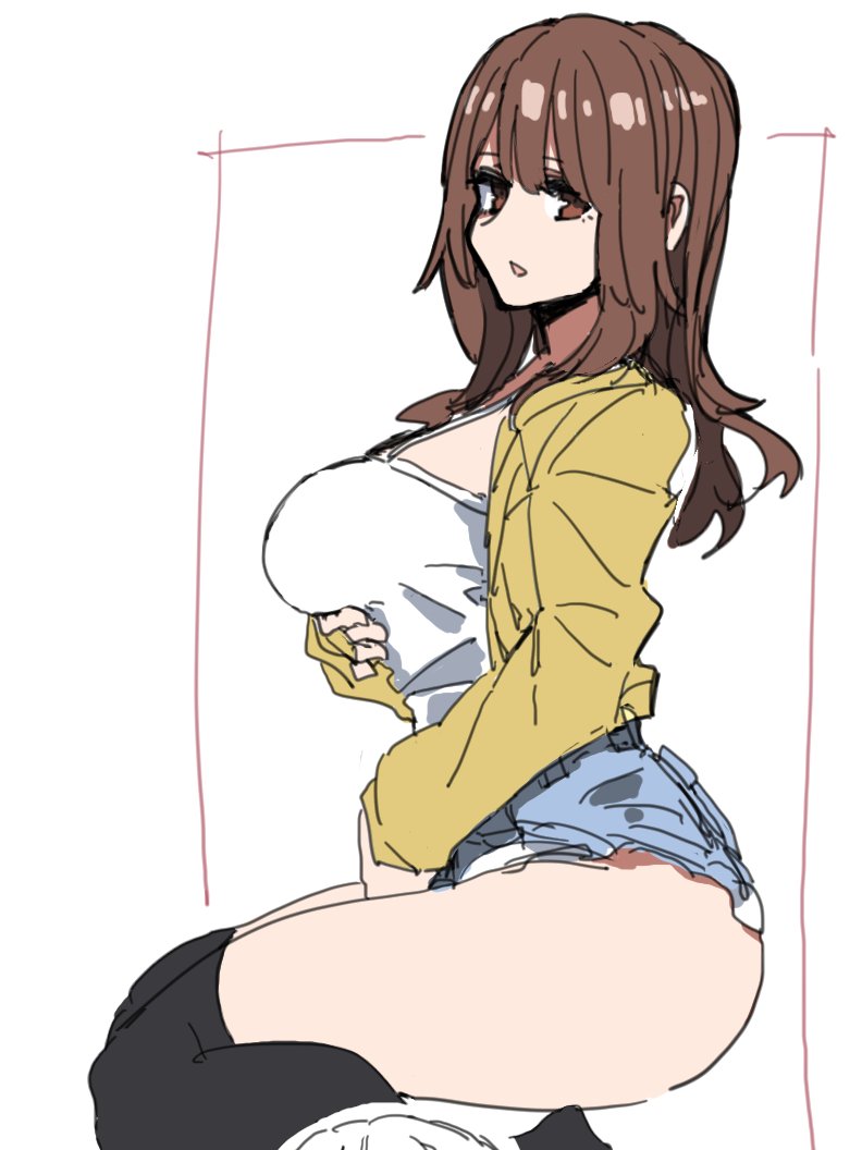 durindana 7, original, tagme, black thighhighs, breasts, brown eyes, brown hair, denim, denim shorts, large breasts, long hair, shorts, simple background, thighhighs, thighs, white background