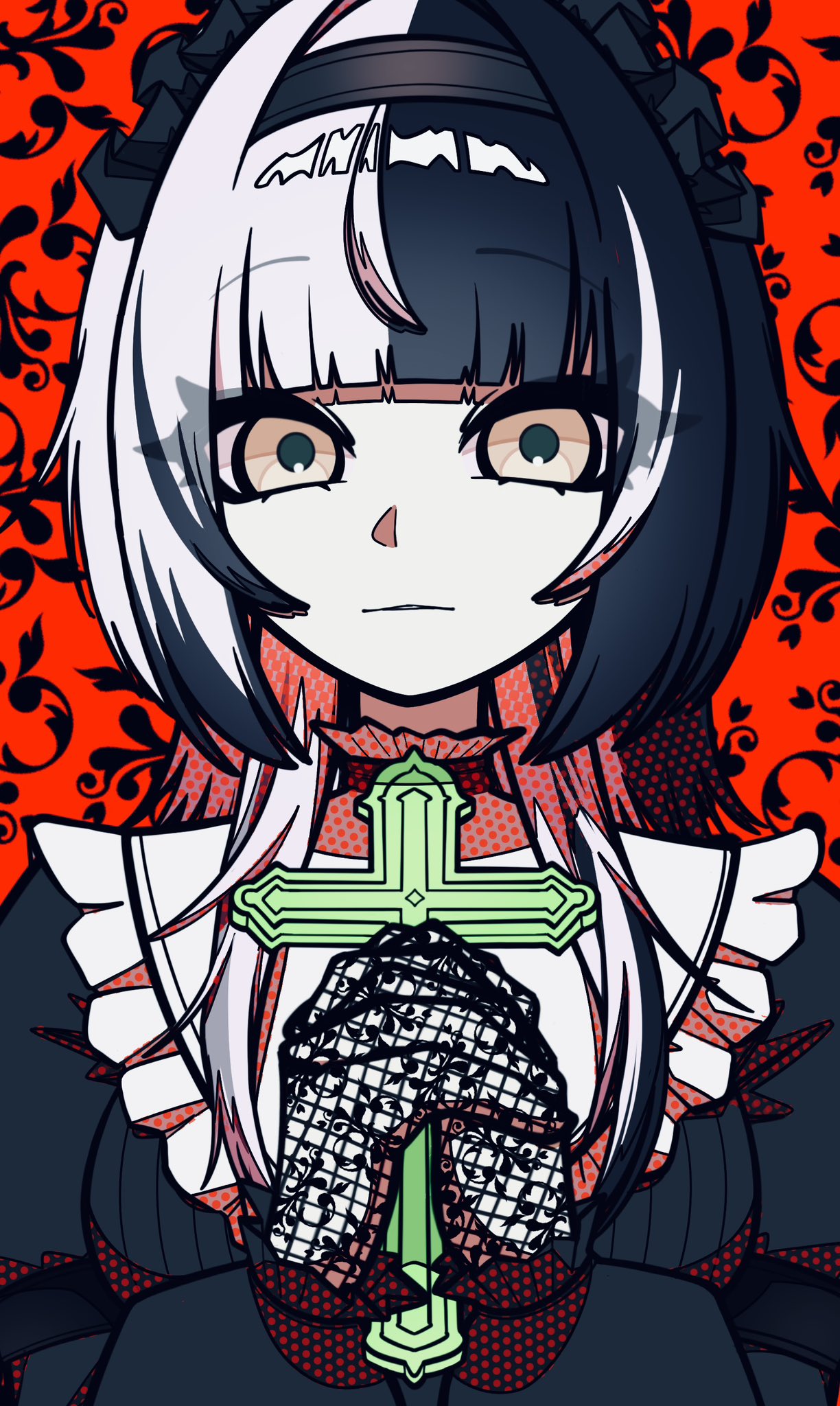 yuvur1, shiori novella, hololive, hololive english, hashtag-only commentary, highres, 1girl, alternate costume, black dress, black hair, black hairband, blunt bangs, breasts, cross, dress, gloves, grey hair, hairband, holding, holding cross, interlocked fingers, lace, lace gloves, long hair, looking at viewer, multicolored hair, own hands together, parted lips, red background, solo, split-color hair, two-tone hair, upper body, virtual youtuber, yellow eyes