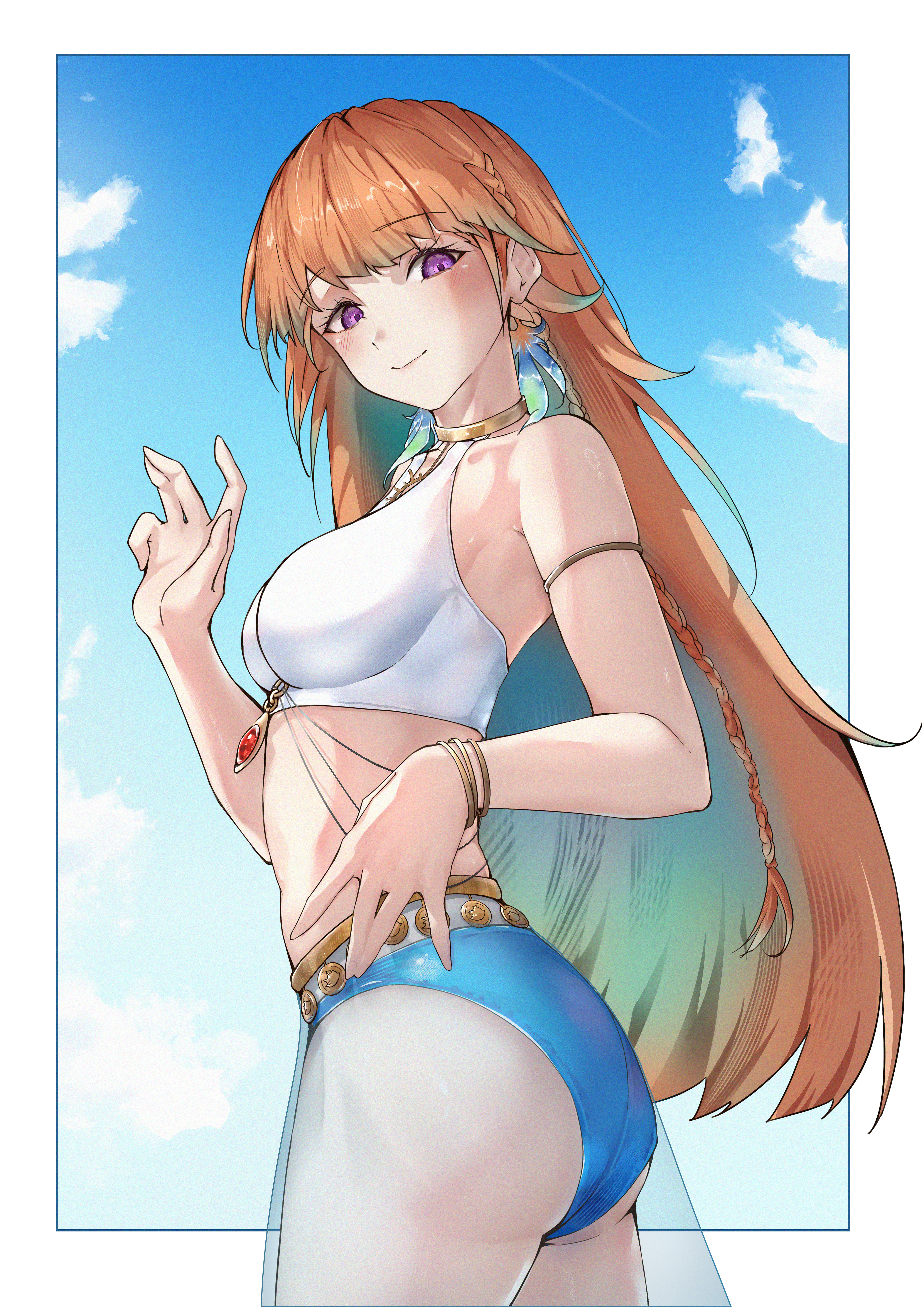 fyrlia2, takanashi kiara, takanashi kiara (holonatsu paradise), hololive, hololive english, holonatsu paradise, absurdres, highres, 1girl, armlet, bare shoulders, bikini, blue bikini, blue sky, border, bracelet, breasts, closed mouth, cloud, day, earrings, feather earrings, feathers, from side, gold bracelet, gradient hair, green hair, hand up, jewelry, looking at viewer, medium breasts, mismatched bikini, multicolored hair, neck ring, orange hair, outdoors, purple eyes, see-through clothes, see-through skirt, skirt, sky, smile, solo, swimsuit, virtual youtuber, white bikini, white border