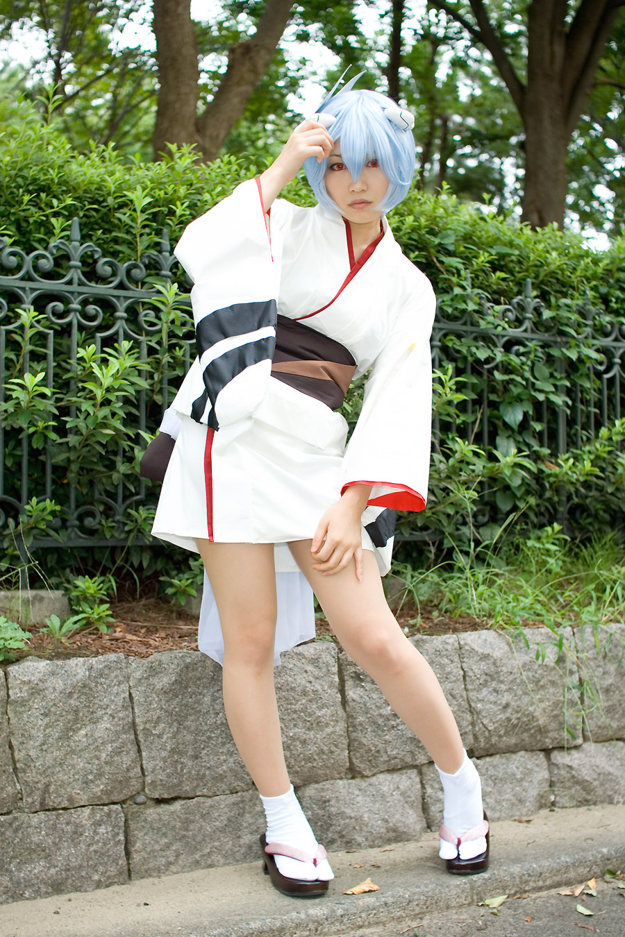 ayanami rei, iori, neon genesis evangelion, highres, photo (medium), blue hair, cosplay, fox mask, japanese clothes, kimono, mask, yukata