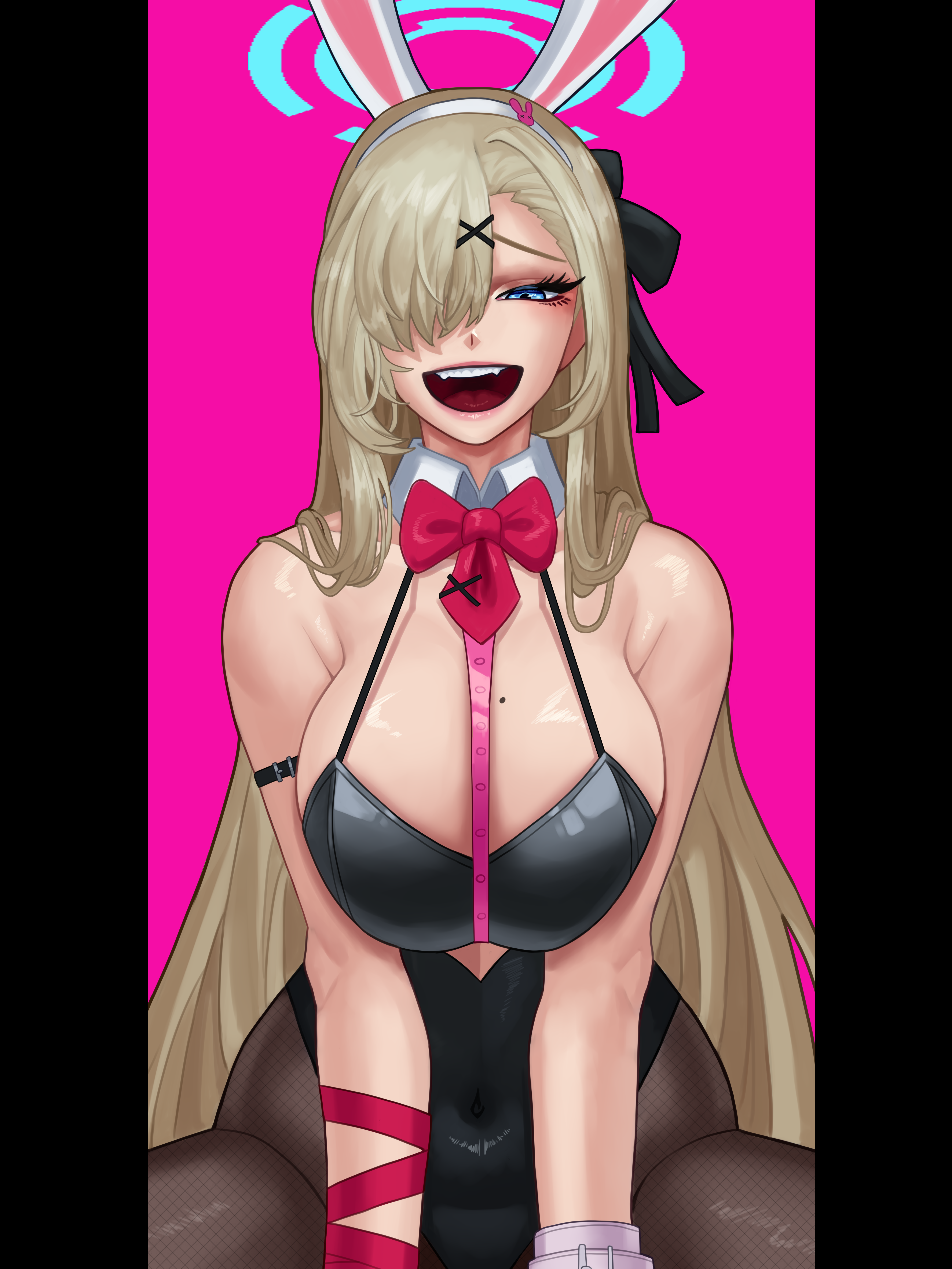 arapanchi, asuna (blue archive), blue archive, rabbit hole (vocaloid), absurdres, commentary, highres, 1girl, :d, animal ears, armpit crease, asymmetrical bangs, black leotard, black pantyhose, blonde hair, blue eyes, blue halo, bow, bowtie, breasts, collar, cowboy shot, detached collar, fake animal ears, hair ornament, hair over one eye, halo, large breasts, leotard, long hair, looking at viewer, mole, mole on breast, one eye covered, open mouth, pantyhose, pillarboxed, pink background, playboy bunny, rabbit ears, red bow, red bowtie, simple background, smile, solo, teeth, upper teeth only, white collar, x hair ornament
