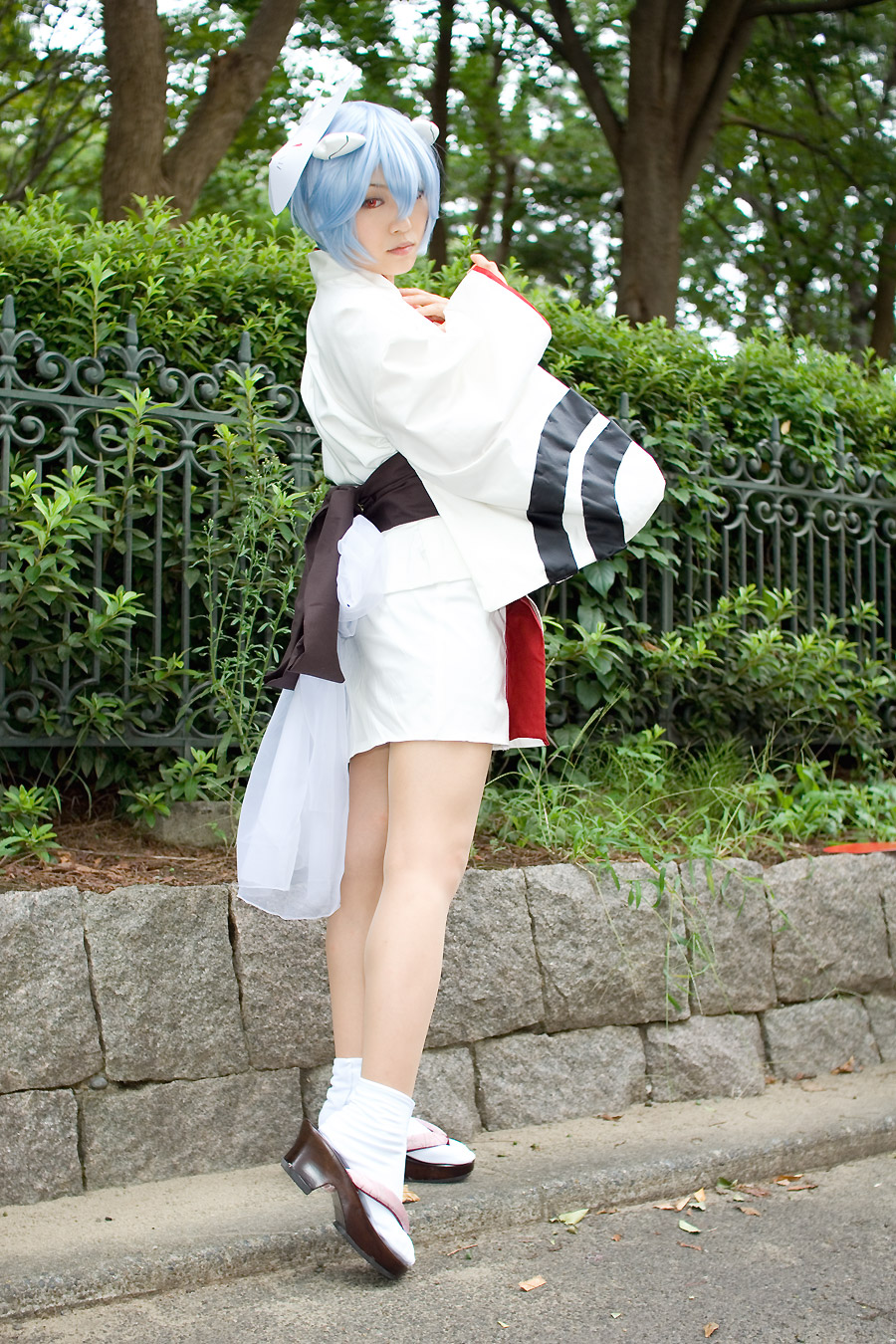 ayanami rei, iori, neon genesis evangelion, highres, photo (medium), blue hair, cosplay, fox mask, japanese clothes, kimono, mask, yukata