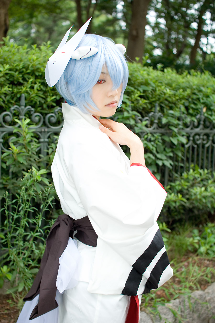 ayanami rei, iori, neon genesis evangelion, highres, photo (medium), blue hair, cosplay, fox mask, japanese clothes, kimono, mask, yukata