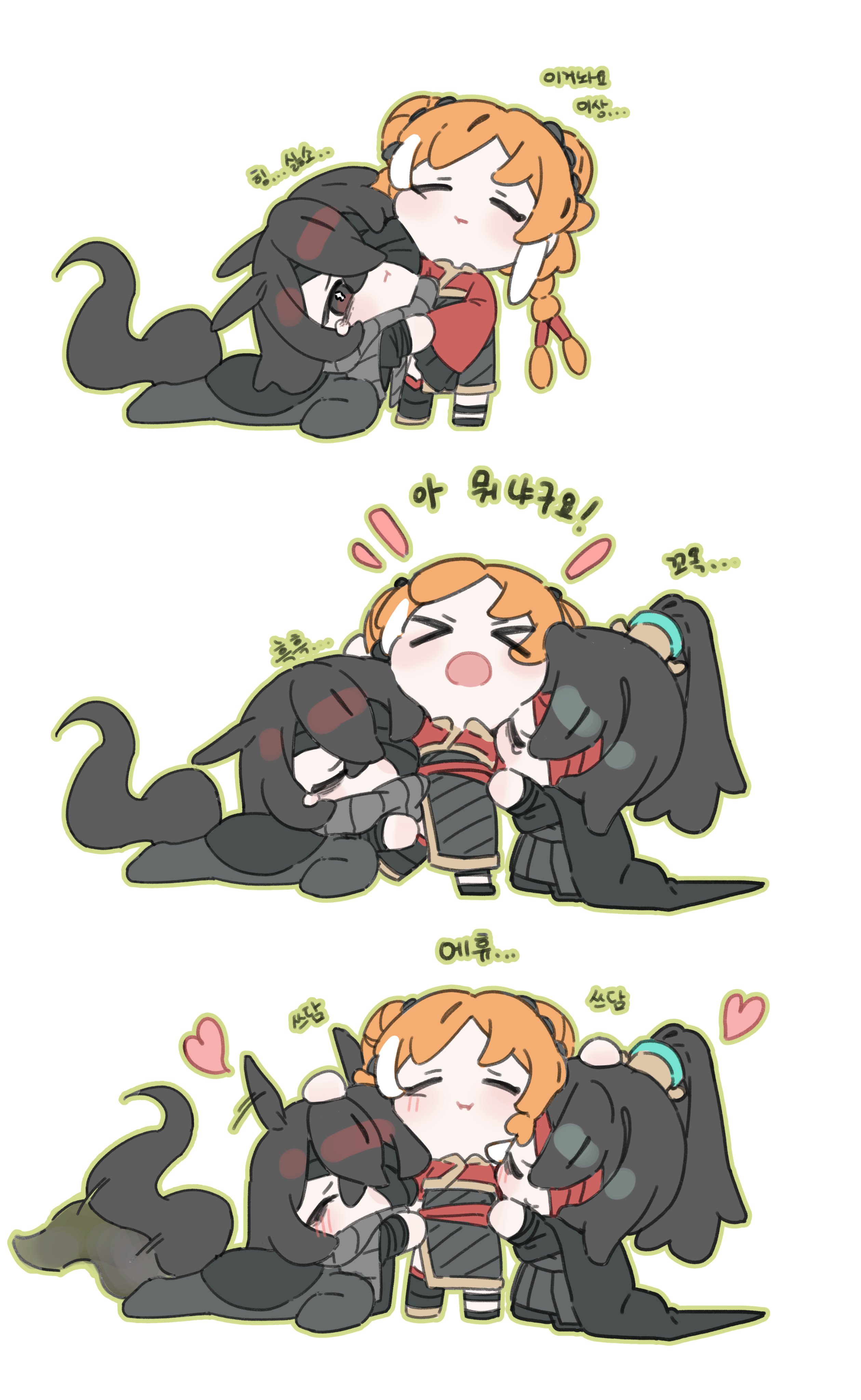 may.l, hong lu (project moon), ishmael (project moon), yi sang (project moon), limbus company, project moon, absurdres, highres, translation request, > <, 1girl, 2boys, black dress, black hair, braid, centaur, crying, dress, family hierarch candidate (identity) (project moon), gold trim, grey scarf, heart, heishou pack-wu branch (identity) (project moon), horse boy, jacket, korean text, long hair, low twin braids, multiple boys, open mouth, orange hair, petting, ponytail, red jacket, scarf, simple background, taur, twin braids, very long hair, white background