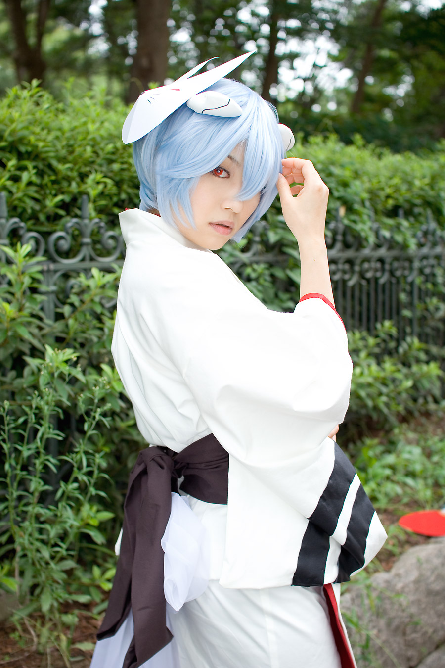 ayanami rei, iori, neon genesis evangelion, highres, photo (medium), blue hair, cosplay, fox mask, japanese clothes, kimono, mask, yukata
