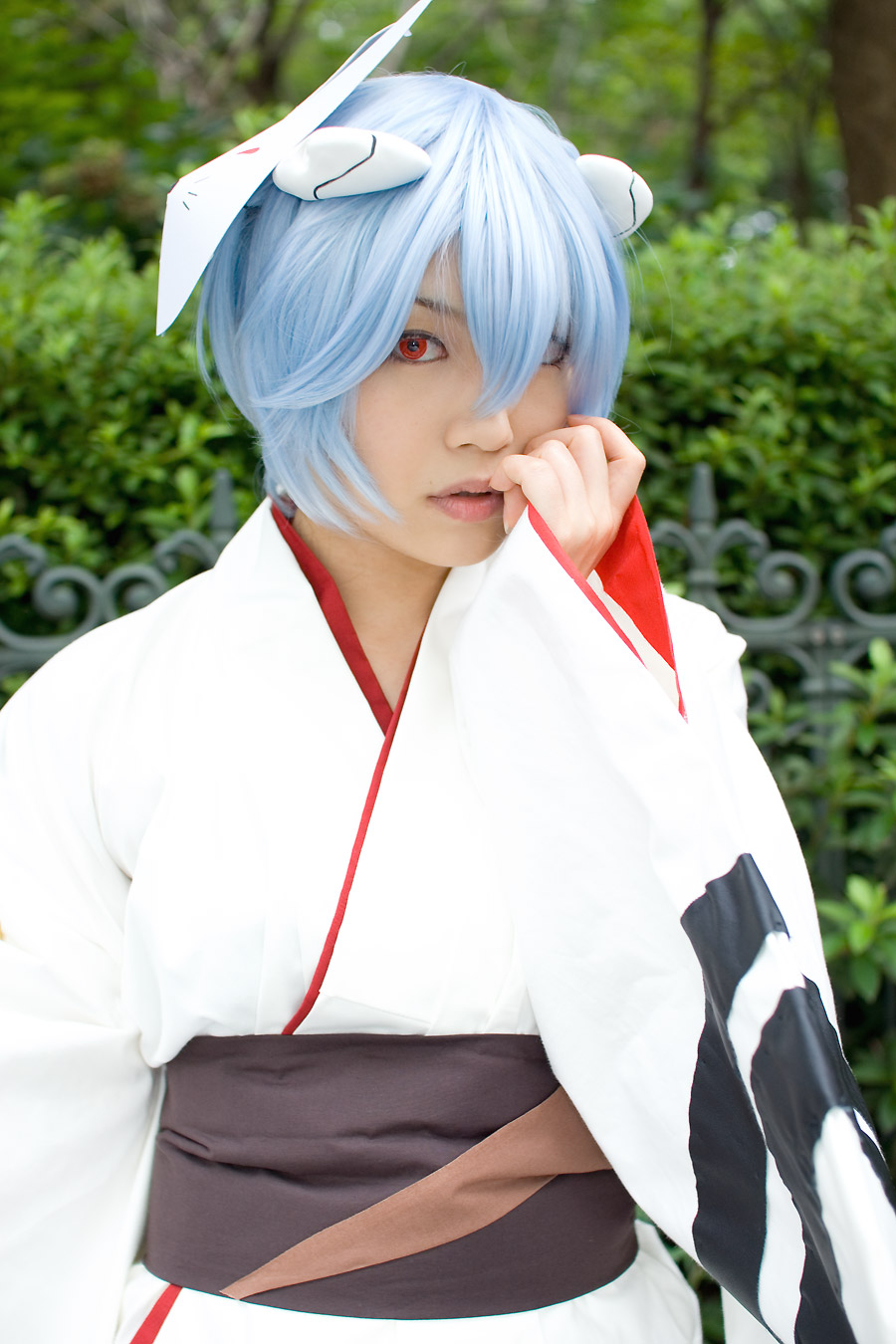 ayanami rei, iori, neon genesis evangelion, highres, photo (medium), blue hair, cosplay, fox mask, japanese clothes, kimono, mask, yukata