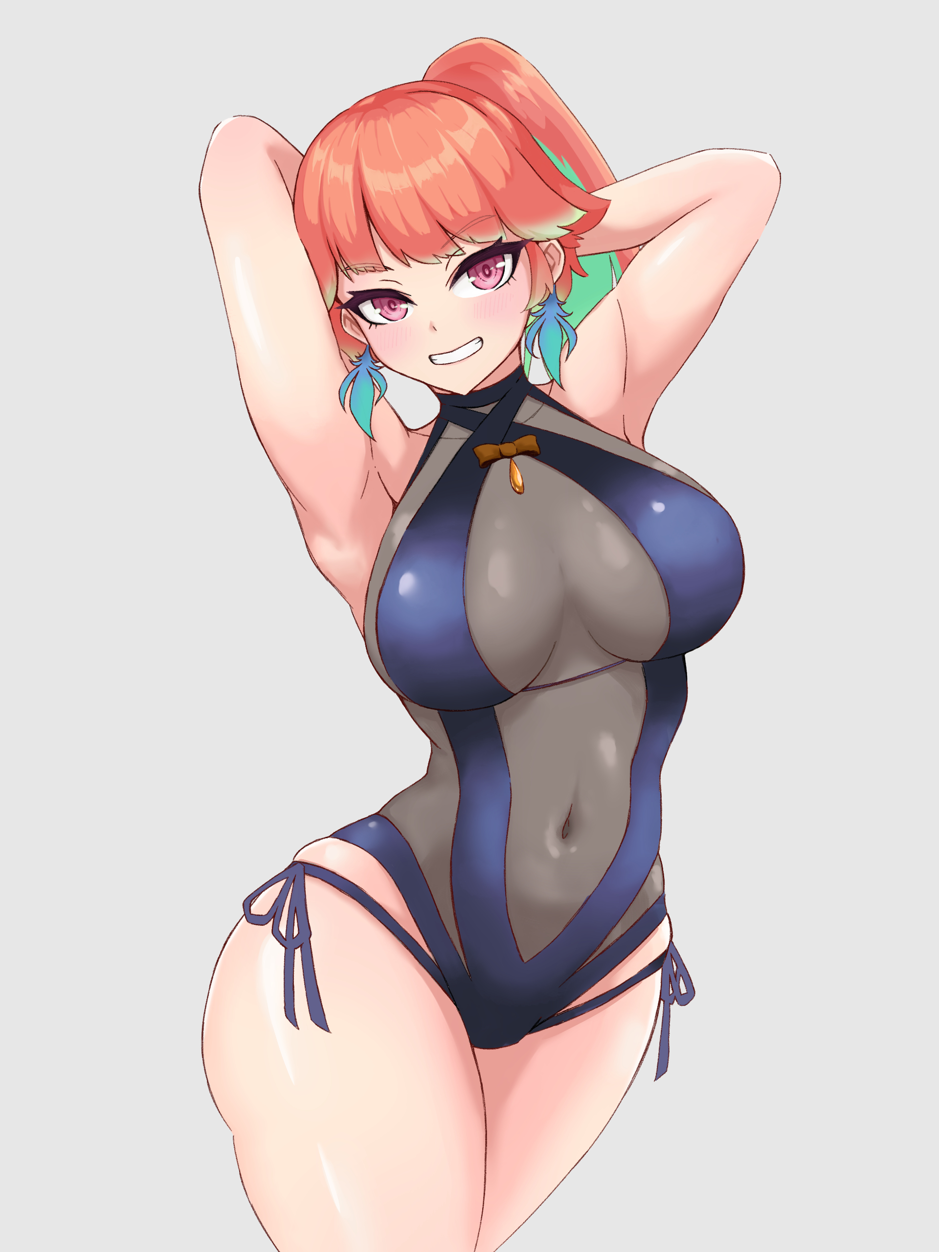 takanashi kiara, hololive, hololive english, absurdres, highres, 1girl, armpits, arms up, blue one-piece swimsuit, breasts, colored inner hair, covered navel, cowboy shot, gradient hair, green hair, grey background, grin, high ponytail, hydromel1983, large breasts, looking at viewer, multicolored hair, official alternate costume, one-piece swimsuit, orange hair, perfume (takanashi kiara), pink eyes, ponytail, simple background, smile, solo, swimsuit, thighs, virtual youtuber