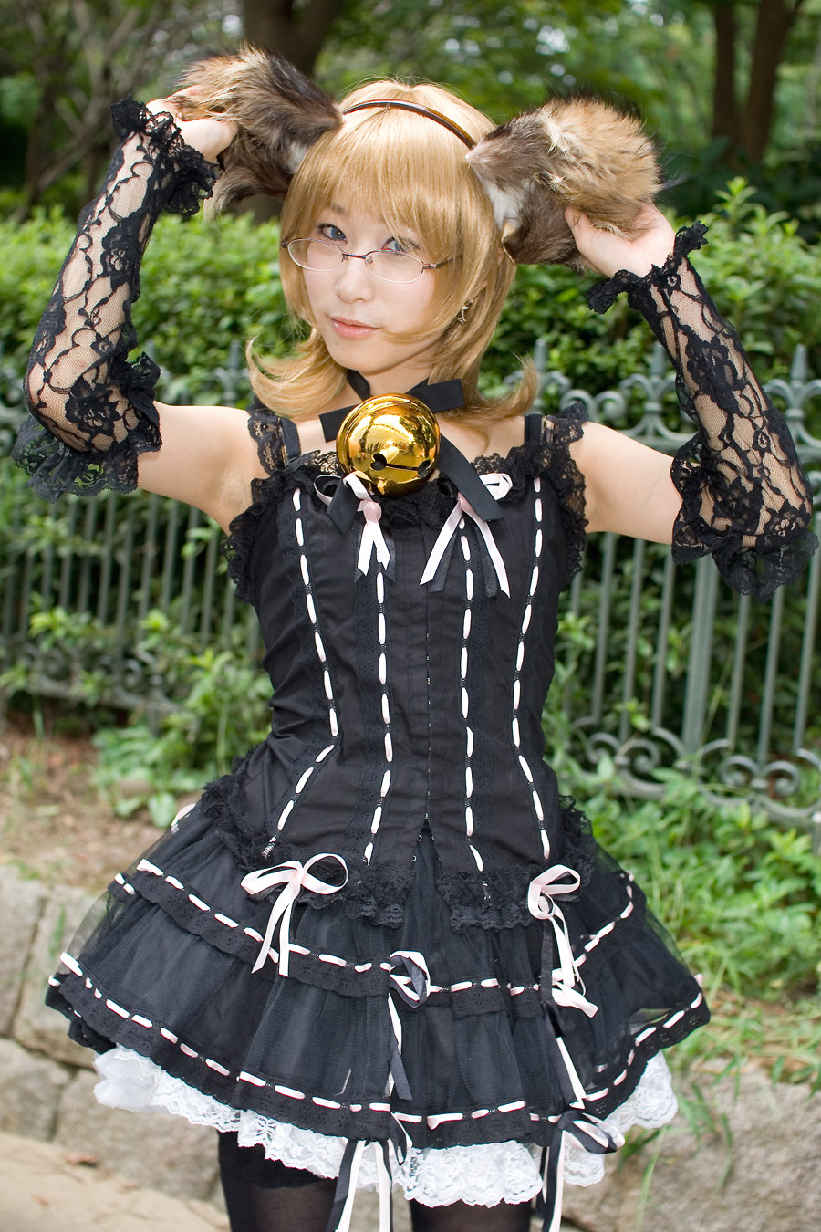 minazuki rui, highres, photo (medium), animal ears, bell, blonde hair, cosplay, dog ears, dress, glasses, lace, thighhighs