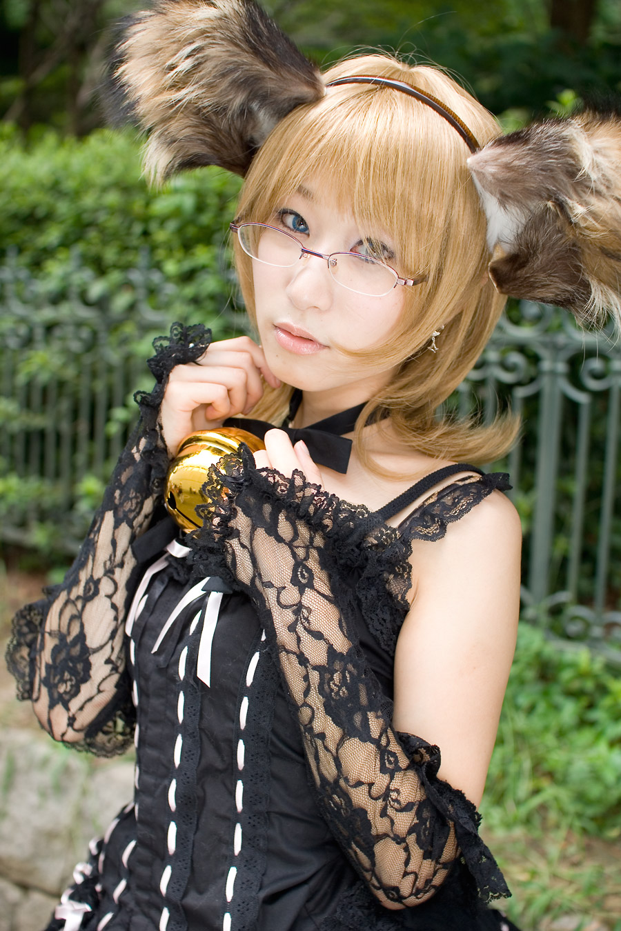 minazuki rui, highres, photo (medium), animal ears, bell, blonde hair, cosplay, dog ears, dress, glasses, lace