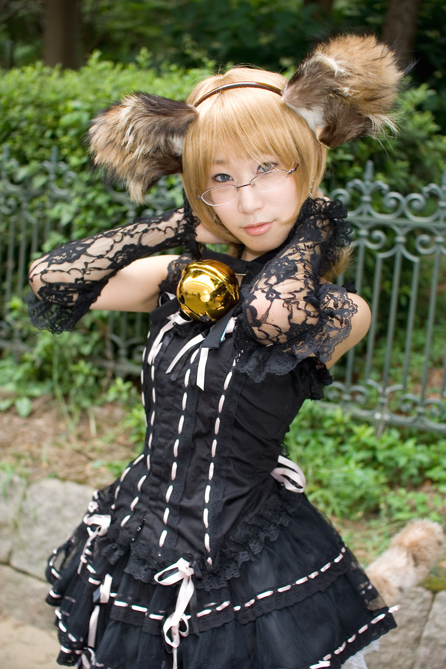 minazuki rui, highres, photo (medium), animal ears, bell, blonde hair, cosplay, dog ears, dress, glasses, lace