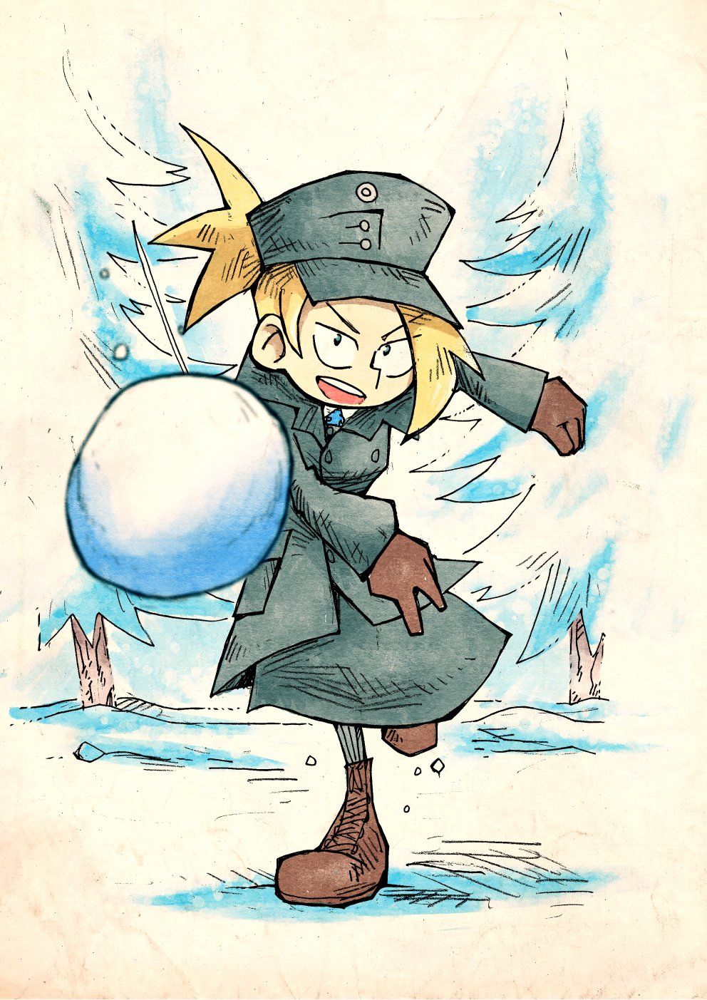 setz, helle (lotta svaerd), lotta svaerd: women of war, original, highres, boots, brown boots, brown gloves, coat, gloves, grey coat, grey hat, hat, looking at viewer, lotta svaerd, open mouth, pine tree, ponytail, snow, snowball, snowball fight, throwing, tossing, tree