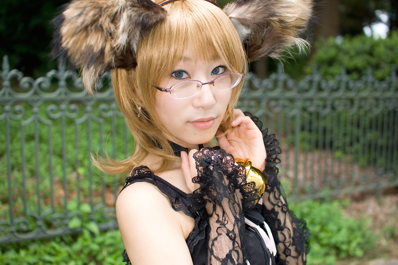 minazuki rui, photo (medium), animal ears, bell, blonde hair, cosplay, dog ears, dress, glasses, lace