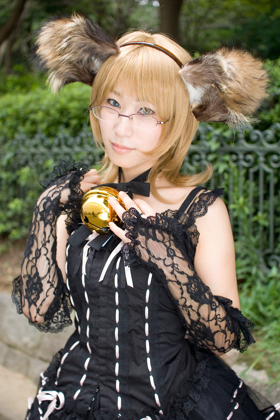 minazuki rui, highres, photo (medium), animal ears, bell, blonde hair, cosplay, dog ears, dress, glasses, lace