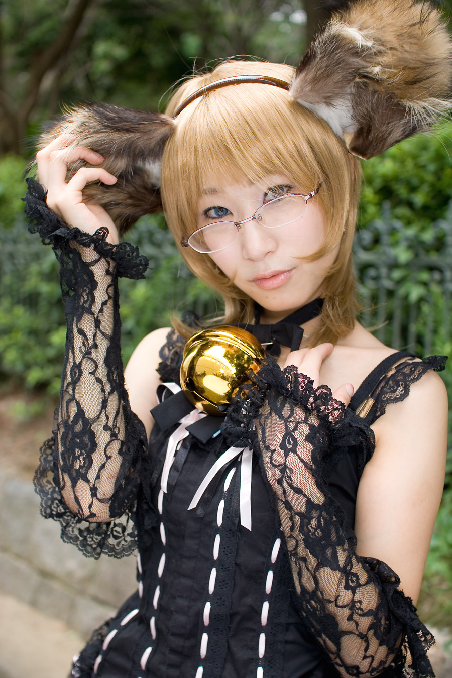 minazuki rui, highres, photo (medium), animal ears, bell, blonde hair, cosplay, dog ears, dress, glasses, lace