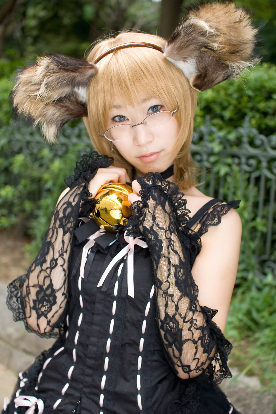 minazuki rui, highres, photo (medium), animal ears, bell, blonde hair, cosplay, dog ears, dress, glasses, lace