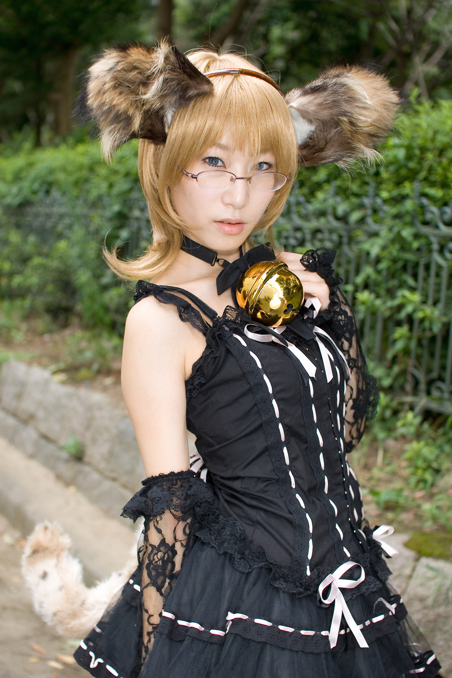minazuki rui, highres, photo (medium), animal ears, bell, blonde hair, cosplay, dog ears, dress, glasses, lace, tail