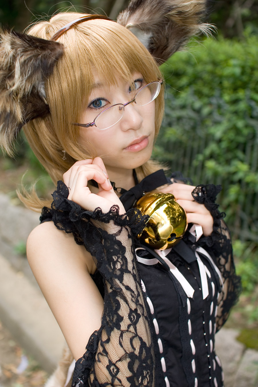 minazuki rui, highres, photo (medium), animal ears, bell, blonde hair, cosplay, dog ears, dress, glasses, lace, tail