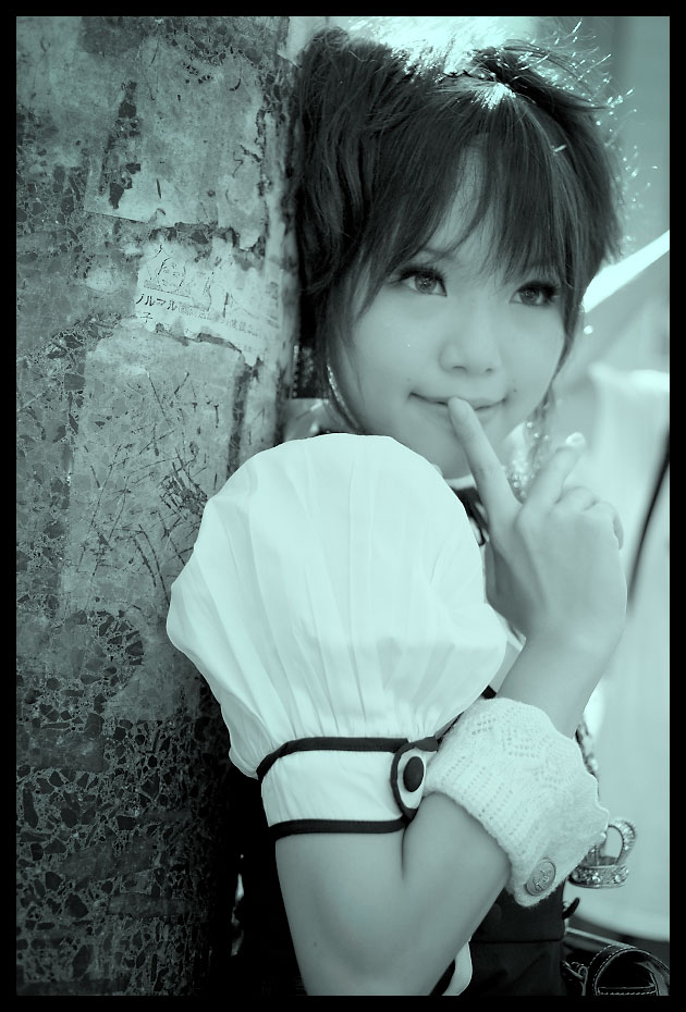kipi-san, acasius boarding school, photo (medium), 1girl, asian, cosplay, female focus, mole, monochrome, puffy short sleeves, puffy sleeves, school uniform, short hair, short sleeves, solo, wrist cuffs