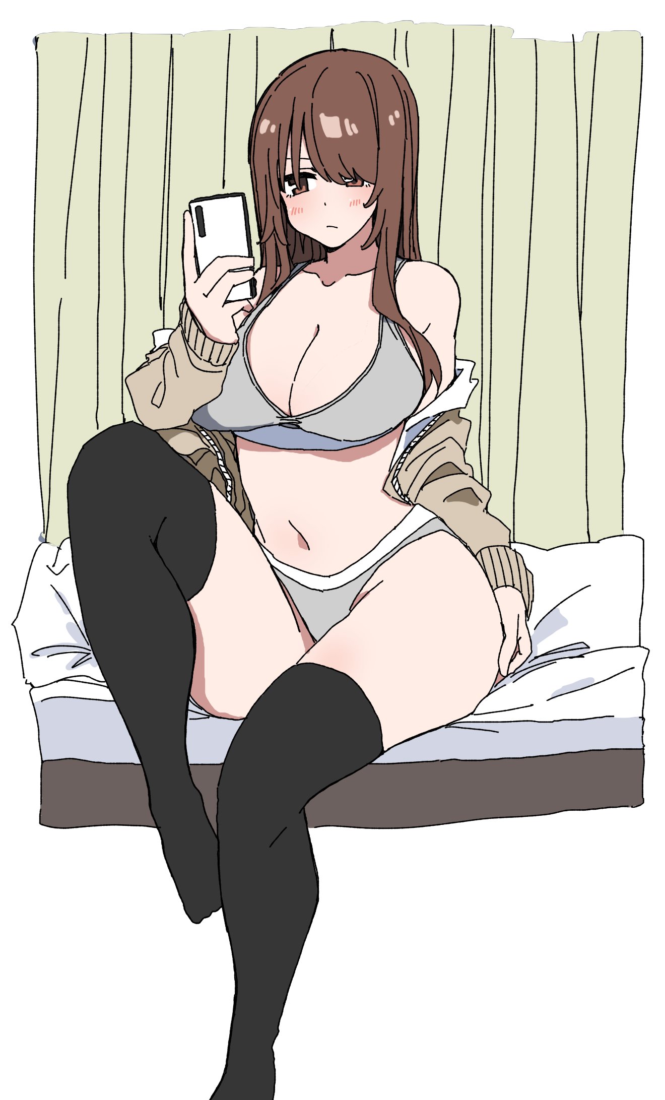 durindana 7, original, highres, tagme, black thighhighs, bra, breasts, brown eyes, brown hair, cellphone, grey bra, grey panties, large breasts, long hair, off shoulder, panties, phone, simple background, smartphone, thighhighs, underwear
