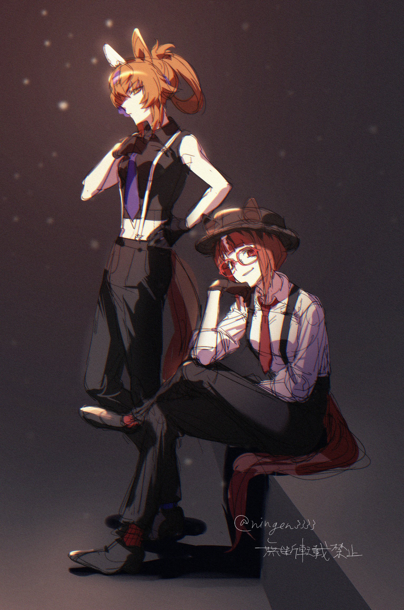 ningen3333, transcend (umamusume), umamusume, highres, 2girls, alternate costume, animal ears, black gloves, black hat, black pants, black shirt, black shoes, breasts, brown eyes, brown hair, collared shirt, crossed legs, ear covers, ears through headwear, furioso (umamusume), gloves, hair rings, hand on own hip, hat, horse ears, horse girl, horse tail, long sleeves, looking at viewer, looking to the side, multiple girls, necktie, pants, purple necktie, red eyes, red necktie, red socks, shirt, shoes, single ear cover, single hair ring, sitting, sketch, sleeveless, sleeveless shirt, small breasts, socks, standing, suspenders, tail, twitter username, white shirt