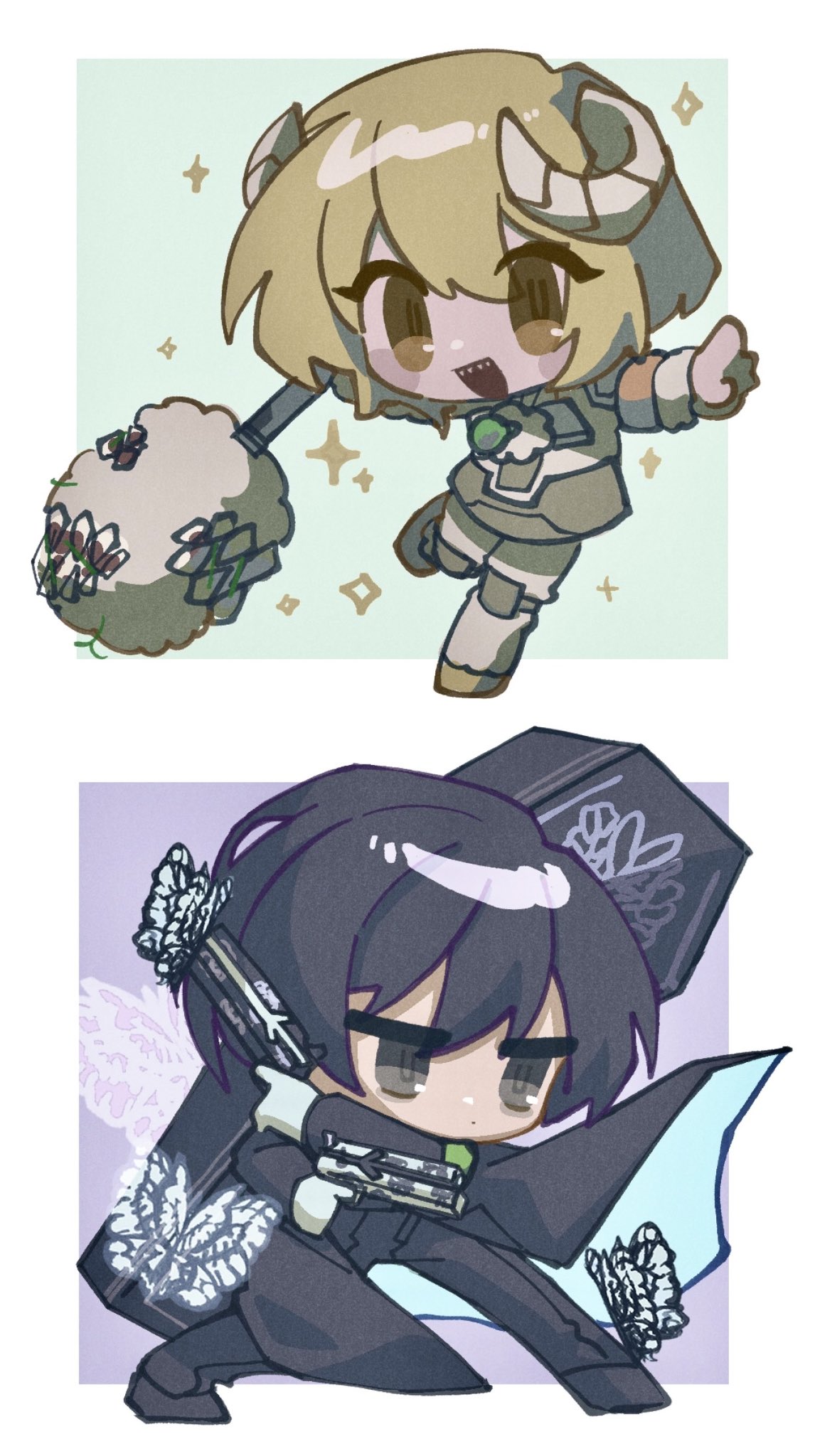nantekottawo!!, don quixote (project moon), yi sang (project moon), limbus company, project moon, commentary request, highres, 1boy, 1girl, :d, armband, black butterfly, black eyes, black hair, black pants, black shoes, black suit, blonde hair, boots, border, brooch, bug, butterfly, chibi, chibi only, coffin, dual wielding, e.g.o (project moon), formal clothes, gloves, green armband, green background, grin, gun, hair between eyes, holding, holding gun, holding staff, holding weapon, horns, insect, jewelry, lantern (e.g.o), looking at viewer, open mouth, pants, parted bangs, purple background, sheep horns, shoes, short hair, smile, solemn lament (e.g.o), solo, sparkle, staff, suit, teeth, upper teeth only, weapon, white border, white butterfly, white gloves, wool, yellow eyes