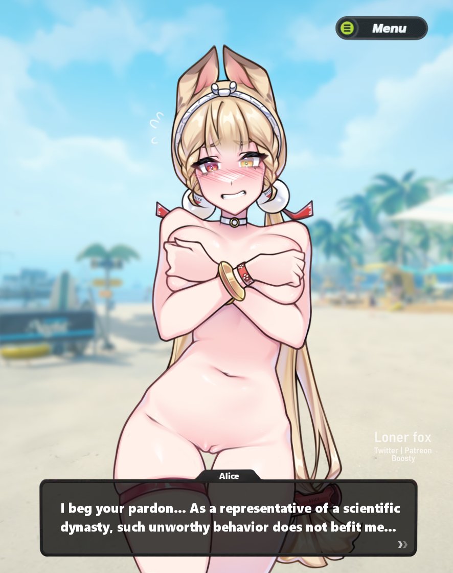 loner fox, alice thymefield, alice thymefield (sea of thyme), zenless zone zero, 1girl, animal ears, armband, bare shoulders, beach, blonde hair, blush, breast press, breasts, crossed arms, embarrassed, hair ornament, headband, heterochromia, long hair, navel, nude, pussy, sphere hair ornament, stomach, teeth, thigh strap, thighs, watch, wristwatch