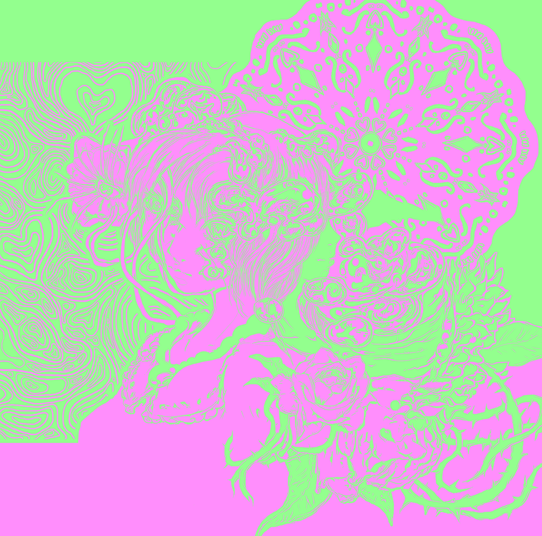 inuyasis, komeiji koishi, komeiji satori, touhou, commentary request, highres, 2girls, abstract, album cover, behind another, border, collar, cover, flower, frilled collar, frills, green border, green theme, hair flower, hair ornament, heart, limited palette, multiple girls, multiple monochrome, otaku-elite recordings, outside border, pink border, pink theme, psychedelic, rose, short hair, thorns, water drop