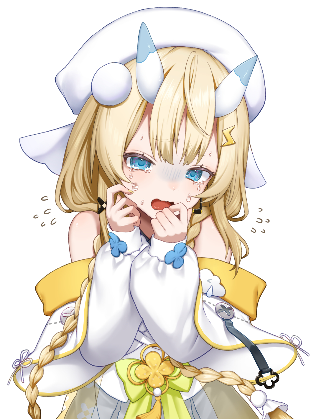 kokage (hatomugi7422), kadou mikaru, nijisanji, highres, 1girl, bare shoulders, black skirt, blonde hair, blue eyes, blue horns, blush, braid, coat, coat partially removed, cowboy shot, crying, flower knot, flying sweatdrops, furrowed brow, hair ornament, hair over shoulder, hakama, hakama skirt, hand to own mouth, hands up, hat, headset, horns, japanese clothes, kimono, layered sleeves, lightning bolt, lightning bolt hair ornament, lightning bolt symbol, long sleeves, low twin braids, multicolored horns, nail polish, open mouth, pom pom (clothes), pom pom hair ornament, puffy long sleeves, puffy sleeves, ribbon, screw, see-through clothes, short over long sleeves, short sleeves, sidelocks, simple background, skirt, solo, standing, sweat, tears, teruterubouzu, turn pale, twin braids, two-tone horns, virtual youtuber, wavy mouth, white background, white coat, white hat, white horns, white kimono, yellow nails, yellow ribbon, yellow trim