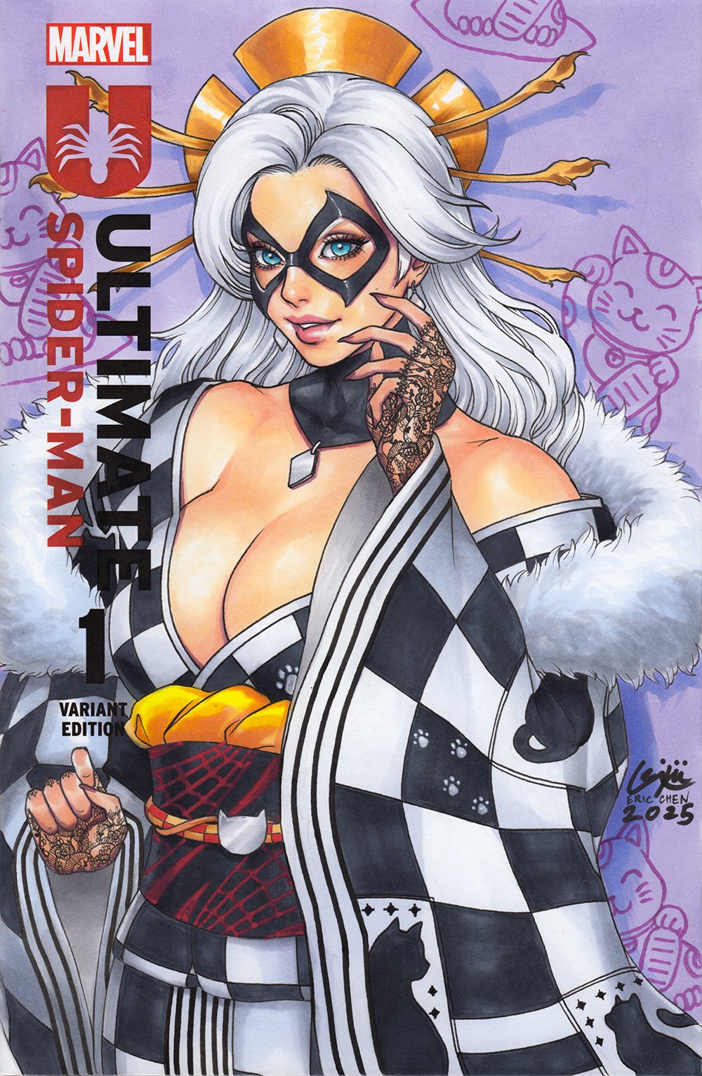 weijic, black cat (marvel), felicia hardy, marvel, spider-man (series), comic cover, highres, 1girl, alternate costume, animal print, blue eyes, breasts, cat print, checkered clothes, checkered kimono, cleavage, domino mask, fur shawl, gloves, hair ornament, hair stick, japanese clothes, kimono, lace, lace gloves, large breasts, looking at viewer, maneki-neko, mask, obi, off shoulder, parted lips, pendant choker, sash, shawl, solo, white hair, wide sleeves