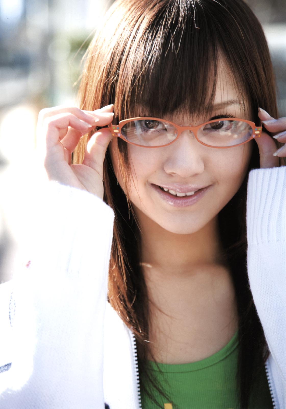 hamada shoko, highres, photo (medium), 1girl, asian, brown hair, female focus, glasses, jacket, looking at viewer, smile, solo, tank top