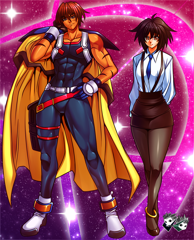 jadenkaiba, gene starwind, melfina (outlaw star), outlaw star, bilingual commentary, commentary, mixed-language commentary, 1boy, 1girl, ahoge, arms behind back, artist name, black bodysuit, black hair, black pantyhose, black skirt, blue gloves, blue necktie, bodysuit, brown eyes, cape, closed mouth, covered abs, covered navel, full body, gloves, hair between eyes, hand on own hip, long sleeves, looking at viewer, muscular, muscular male, necktie, pantyhose, red hair, scar, scar on arm, scar on face, shirt, short hair, signature, skirt, smile, space, star (sky), twitter username, white shirt, yellow cape