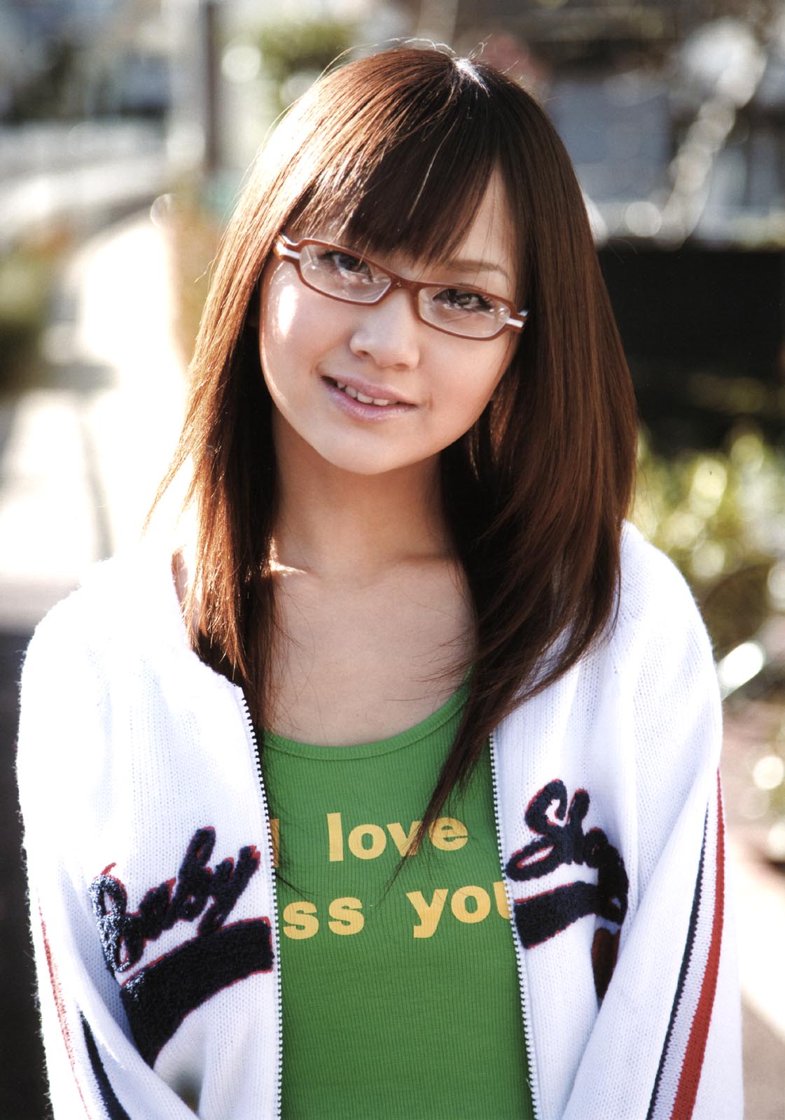 hamada shoko, highres, photo (medium), 1girl, asian, female focus, glasses, head tilt, jacket, looking at viewer, outdoors, solo, tank top