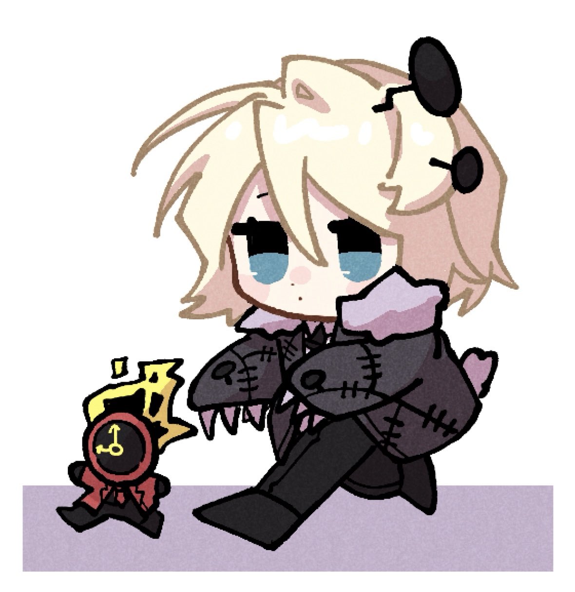 nantekottawo!!, dante (limbus company), faust (project moon), limbus company, project moon, highres, 1girl, 1other, black jacket, black pants, black shoes, blue eyes, chibi, claws, clock, e.g.o (project moon), fire, full body, hex nail (e.g.o), jacket, nail (hardware), nail in head, pants, paw sleeves, shoes, short hair, simple background, white background, white hair