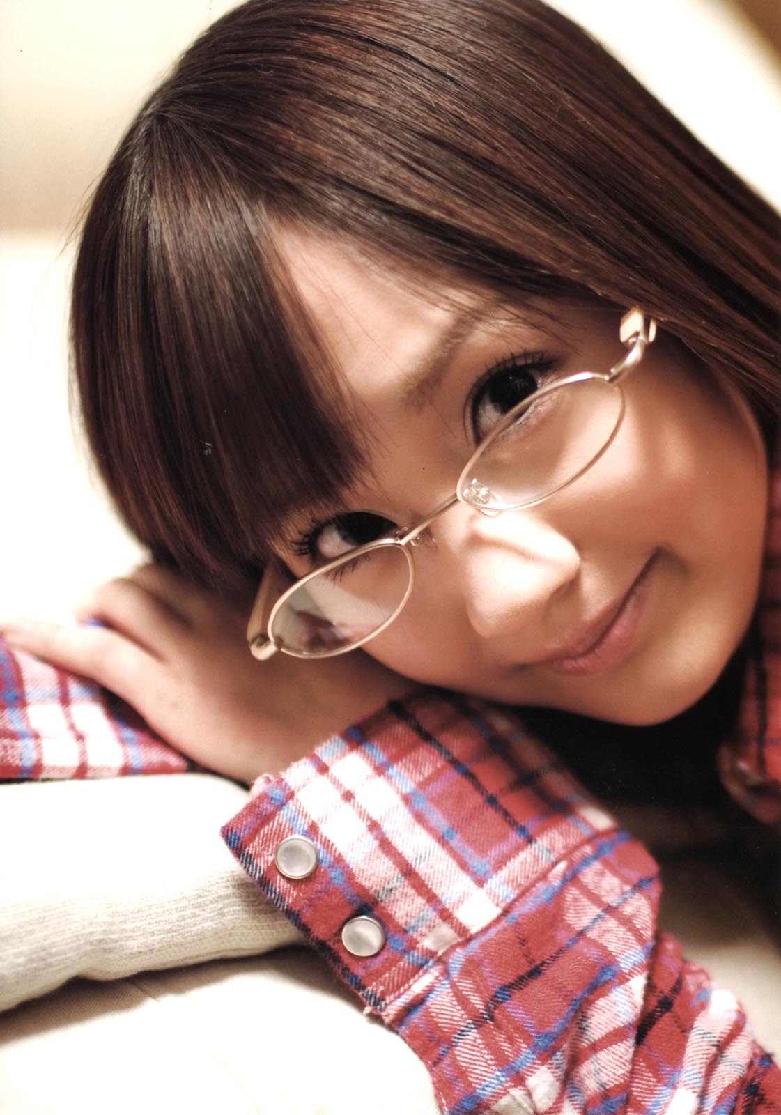 hamada shoko, highres, photo (medium), tagme, 1girl, asian, brown hair, female focus, flannel, flannel shirt, glasses, indoors, long hair, looking at viewer, solo