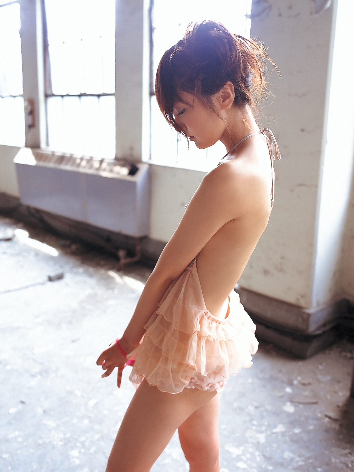 hamada shoko, highres, photo (medium), tagme, 1girl, asian, brown dress, brown hair, dress, female focus, indoors, short hair, solo, tutu, yarn