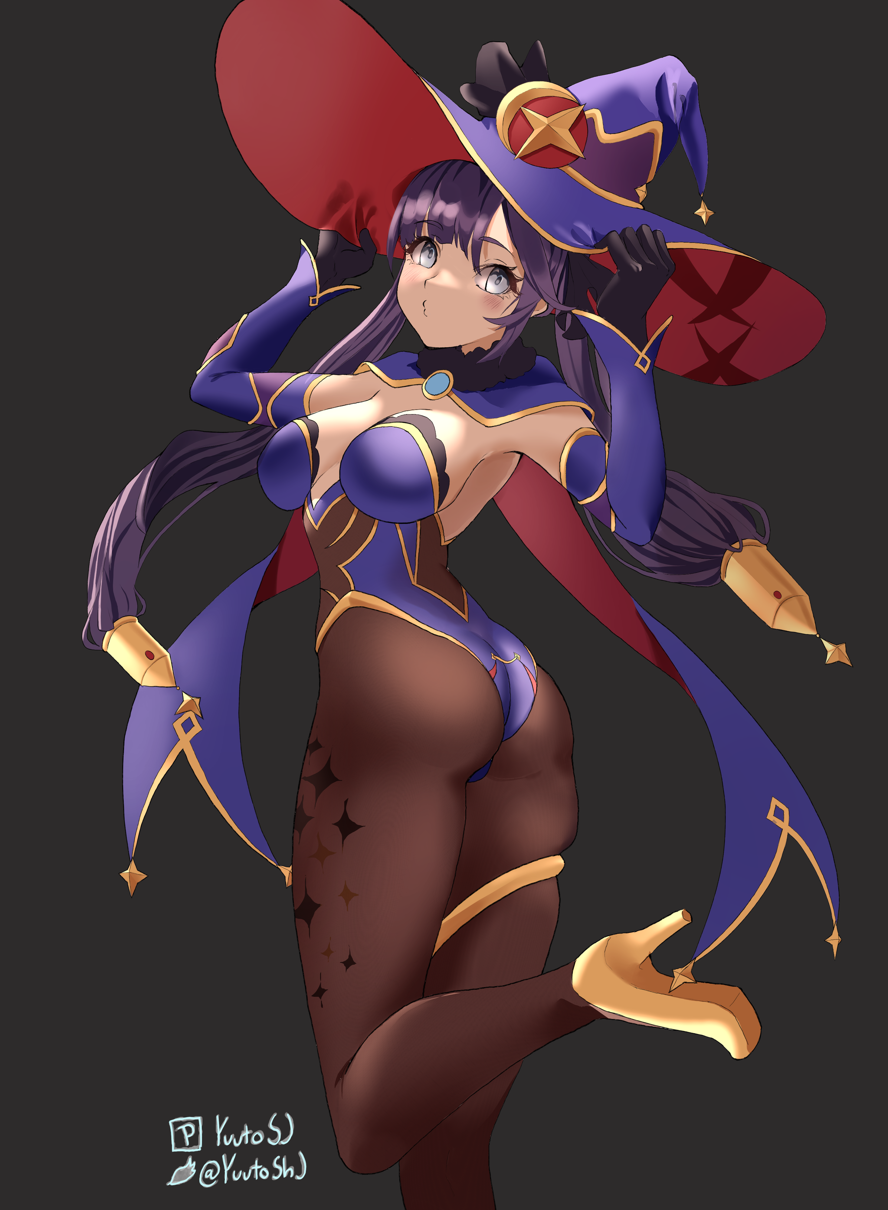 yuutosj, mona (genshin impact), genshin impact, absurdres, highres, 1girl, artist name, ass, black gloves, blue eyes, blue leotard, bodystocking, breasts, brown pantyhose, capelet, cowboy shot, floating hair, from behind, fur-trimmed capelet, fur trim, gloves, grey background, hands on headwear, hands up, hat, high heels, jewelry, leotard, long hair, looking back, medium breasts, pantyhose, purple hair, simple background, solo, standing, standing on one leg, thighlet, thighs, twintails, twisted torso, very long hair, witch hat