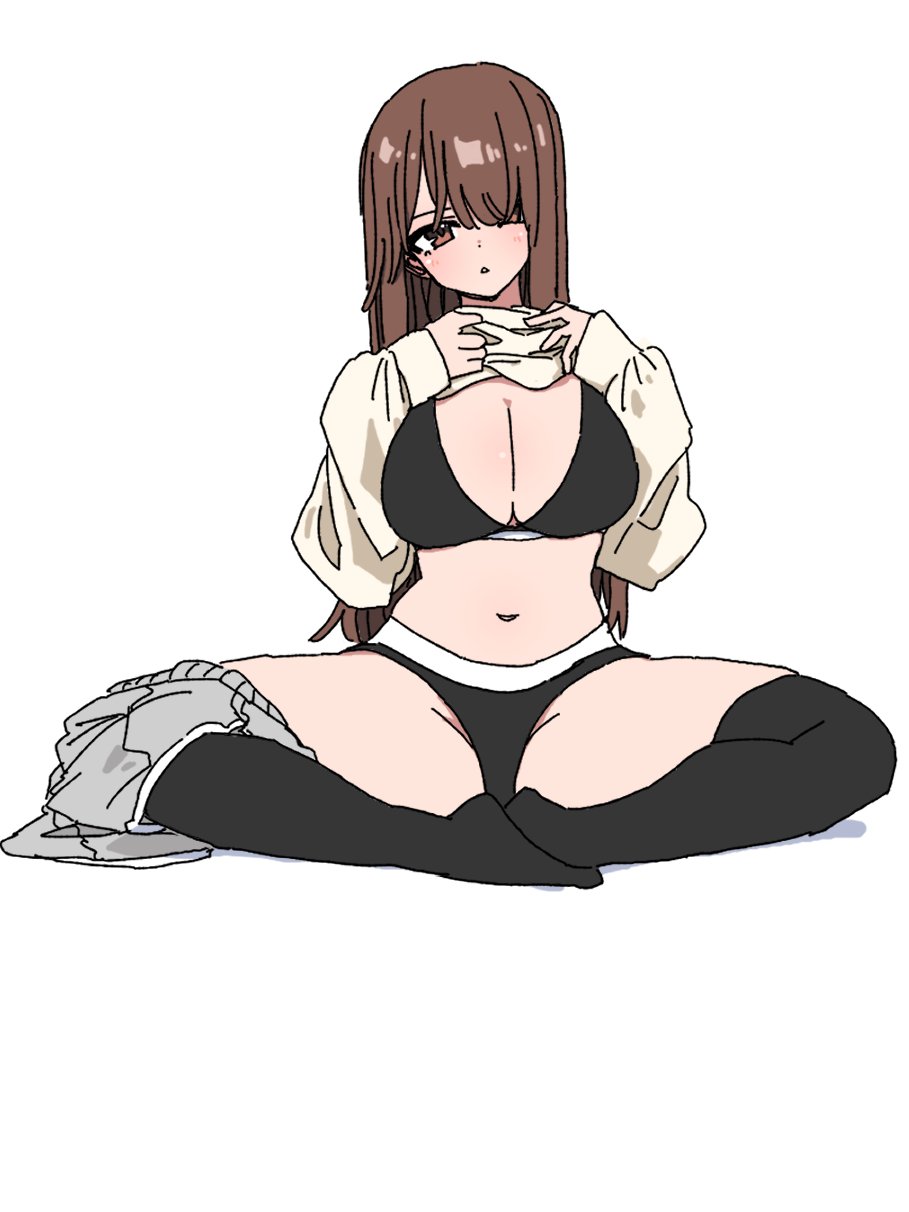 durindana 7, original, highres, tagme, black bra, black panties, black thighhighs, bra, breast suppress, breasts, brown eyes, brown hair, clothes lift, hair over one eye, large breasts, long hair, navel, panties, shirt lift, simple background, thighhighs, underwear, white background