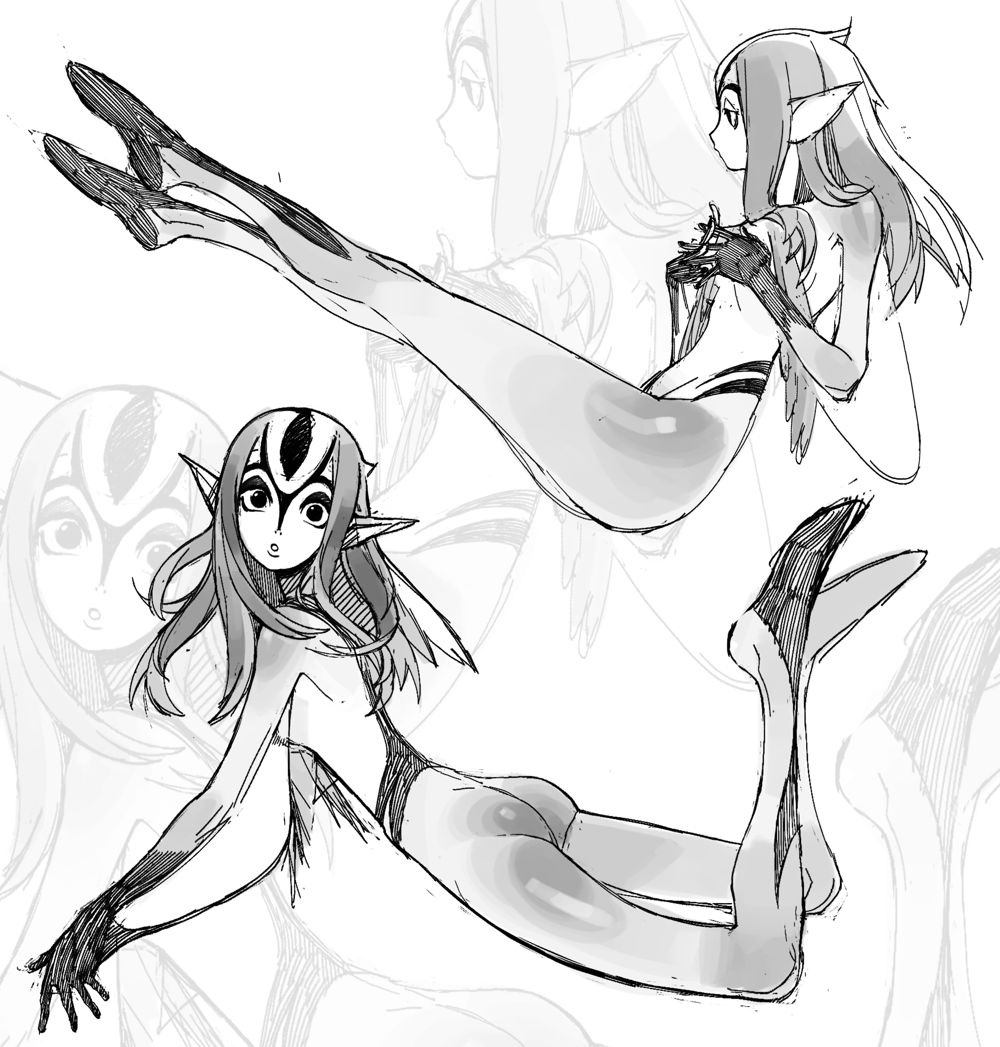 awk (awkawkl), mutio, ao no roku-gou, absurdres, highres, arm fins, facial mark, fins, fish girl, forehead mark, greyscale, long hair, looking at viewer, monochrome, monster girl, pointy ears